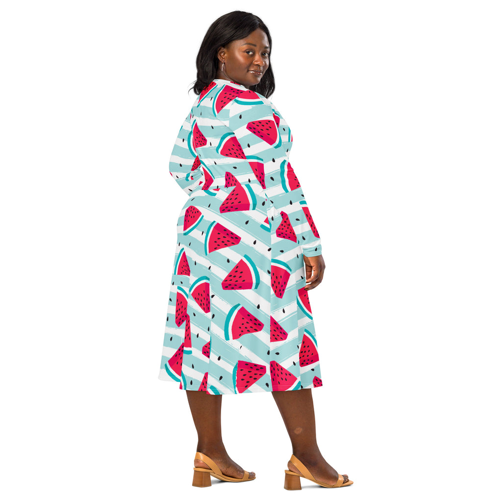 Women’s striped watermelon long sleeve midi dress in mint green with white stripes and bold red fruit slices with pockets