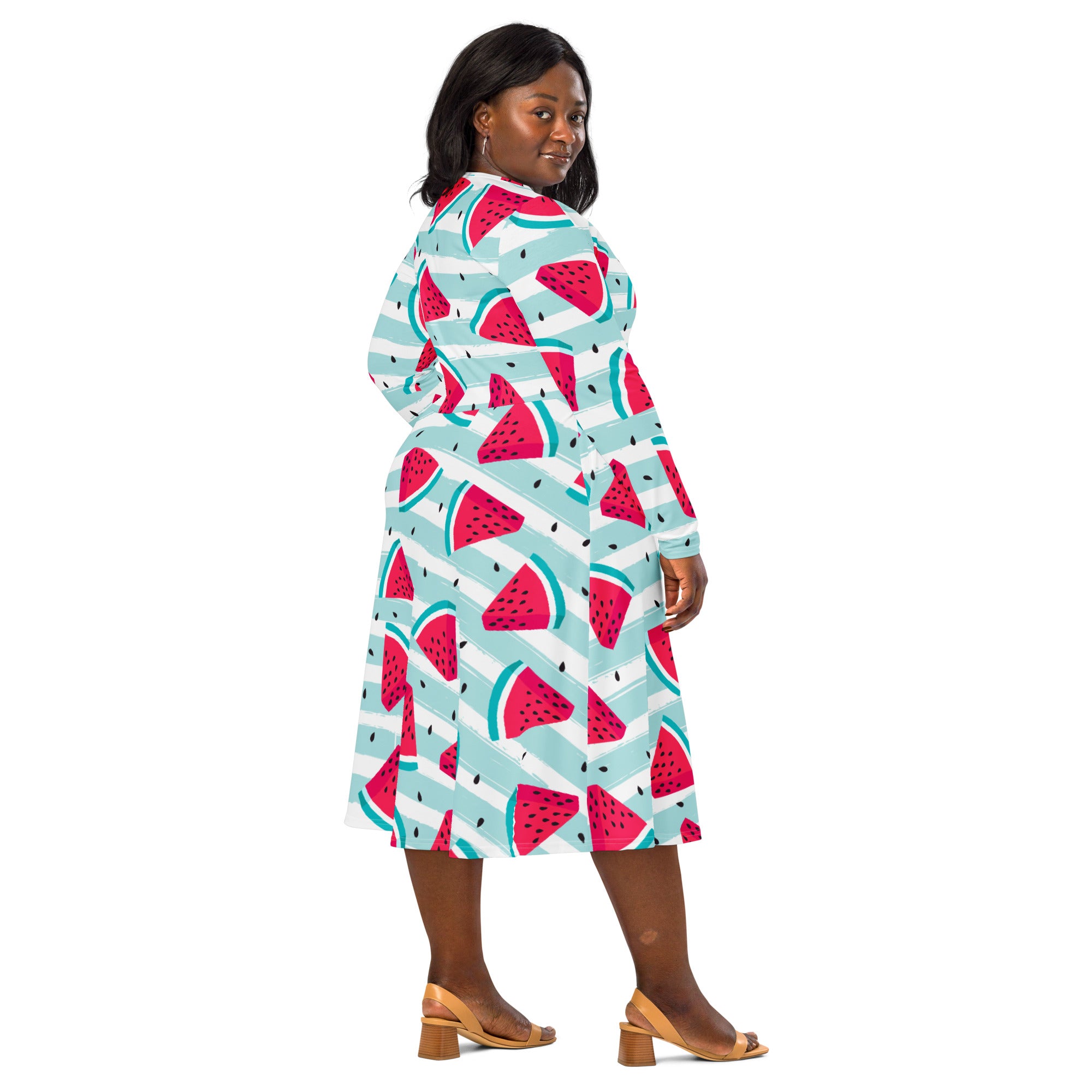 Women’s striped watermelon long sleeve midi dress in mint green with white stripes and bold red fruit slices with pockets