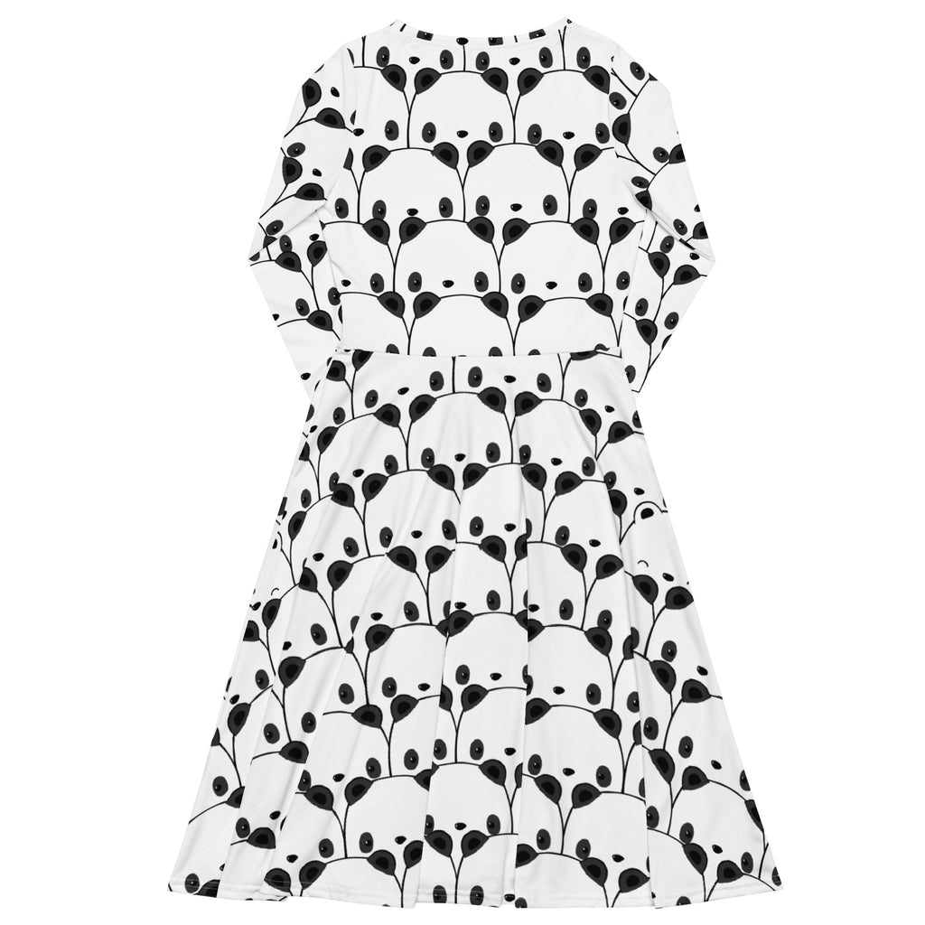 Women’s white midi dress with long sleeves and pockets featuring a black panda face pattern