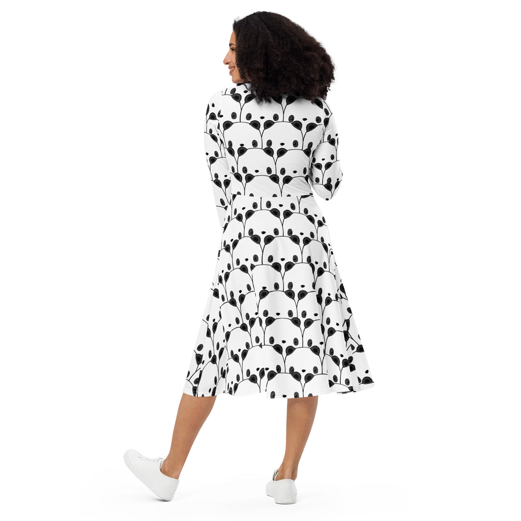 Women’s white long sleeve a-line midi dress with black panda face pattern and pockets