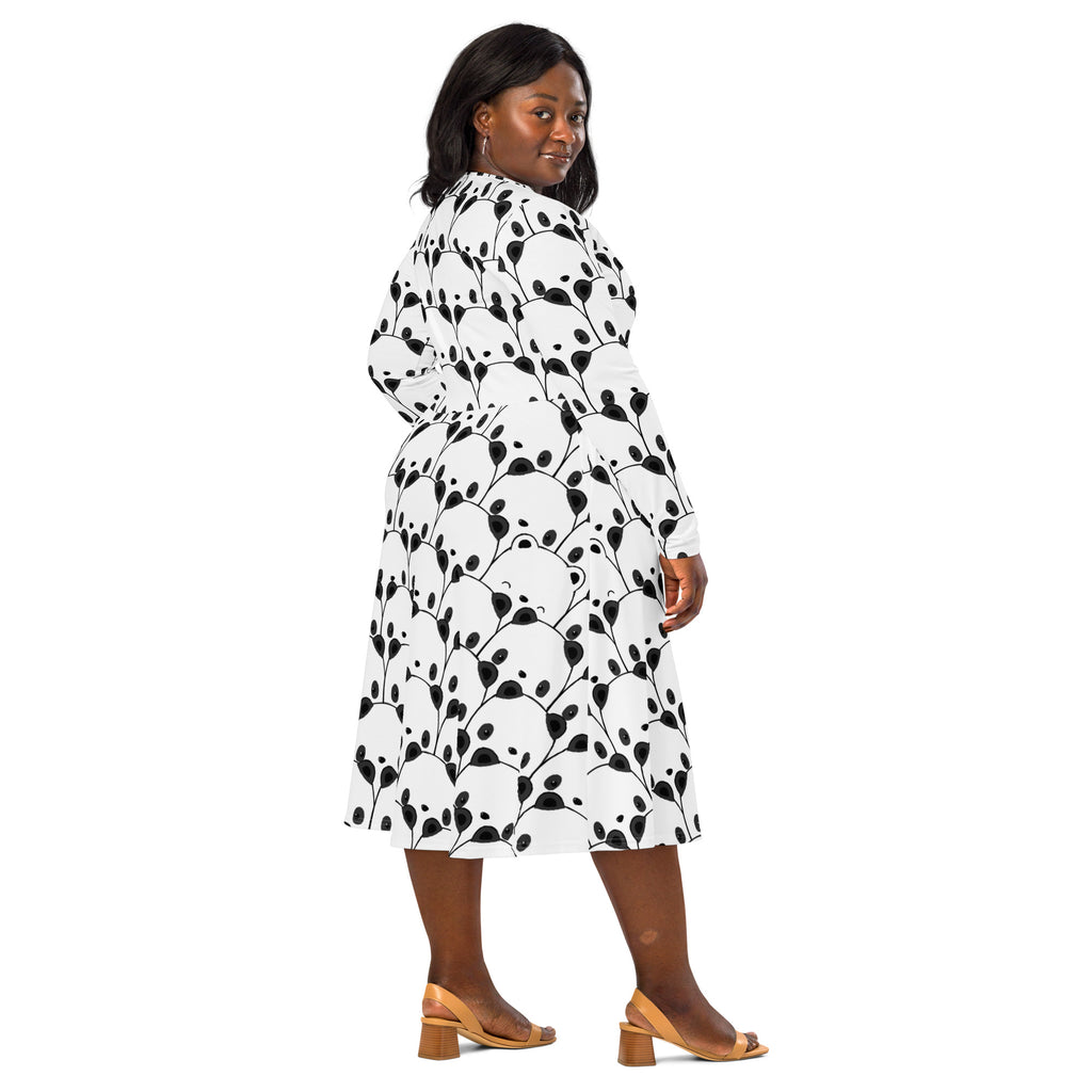 White midi dress with playful black panda and leaf pattern long sleeves and belted waist with pockets for women