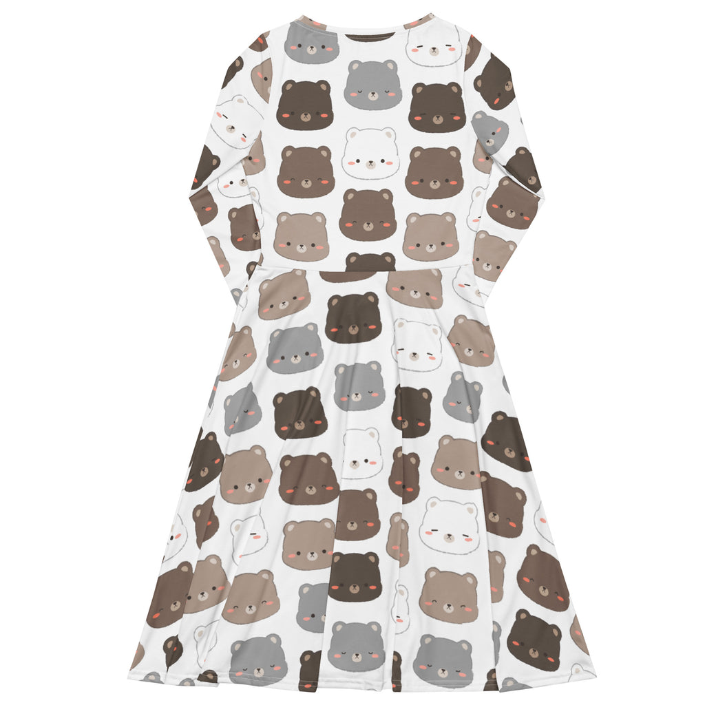 White long sleeve midi dress with playful brown gray bear print and pockets for women