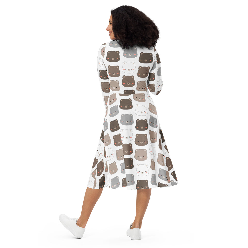 Women’s cute bear print white long sleeve a-line midi dress with pockets featuring cartoon bear faces pattern