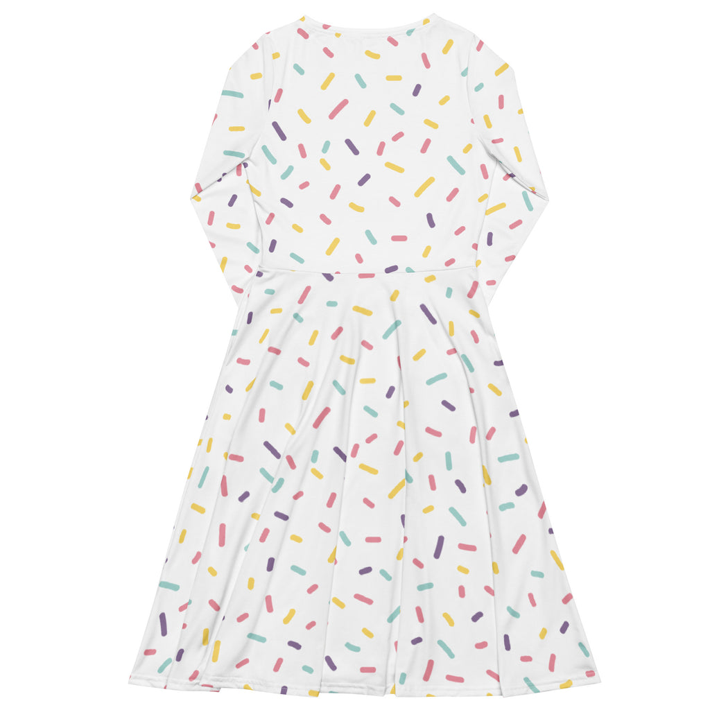 A white long sleeve midi dress with colorful sprinkles pattern and pockets for women