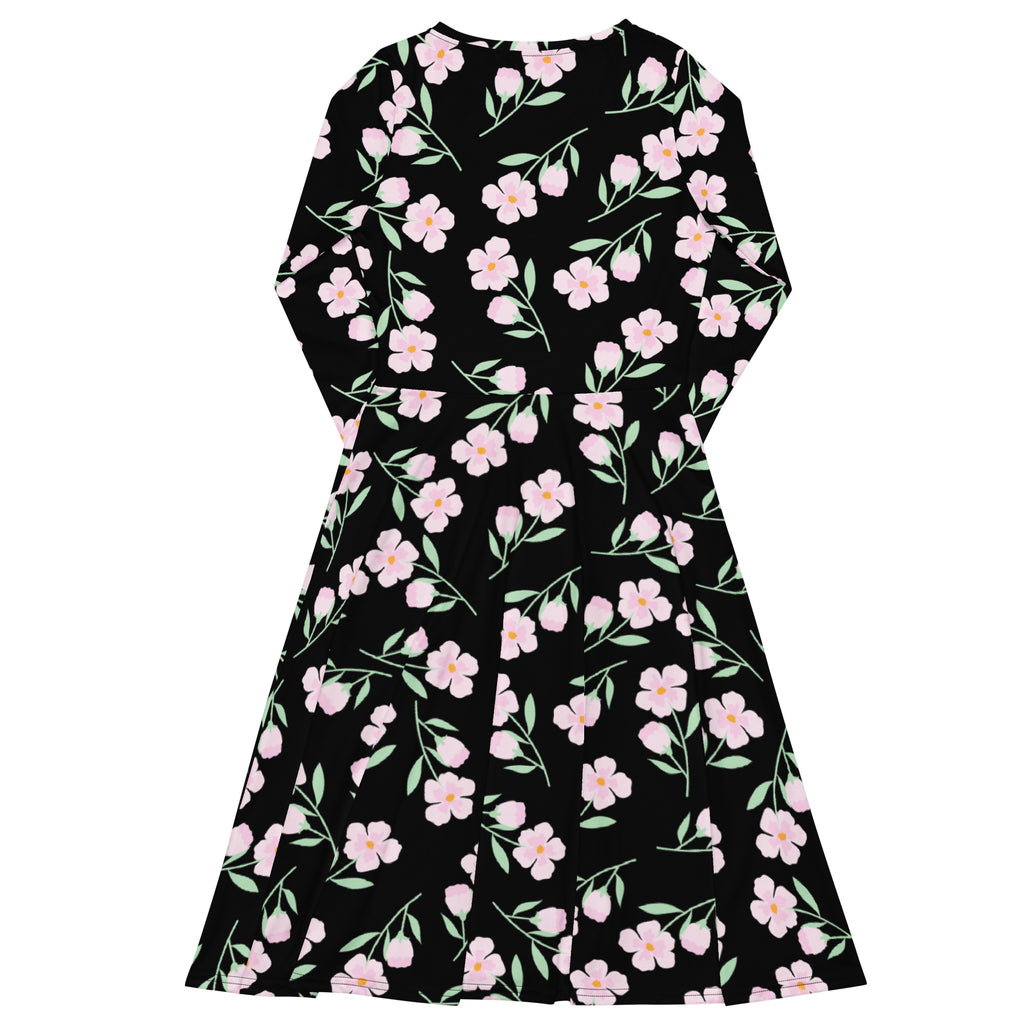 Women’s black floral long sleeve midi dress with pink blossoms green stems flared skirt and pockets