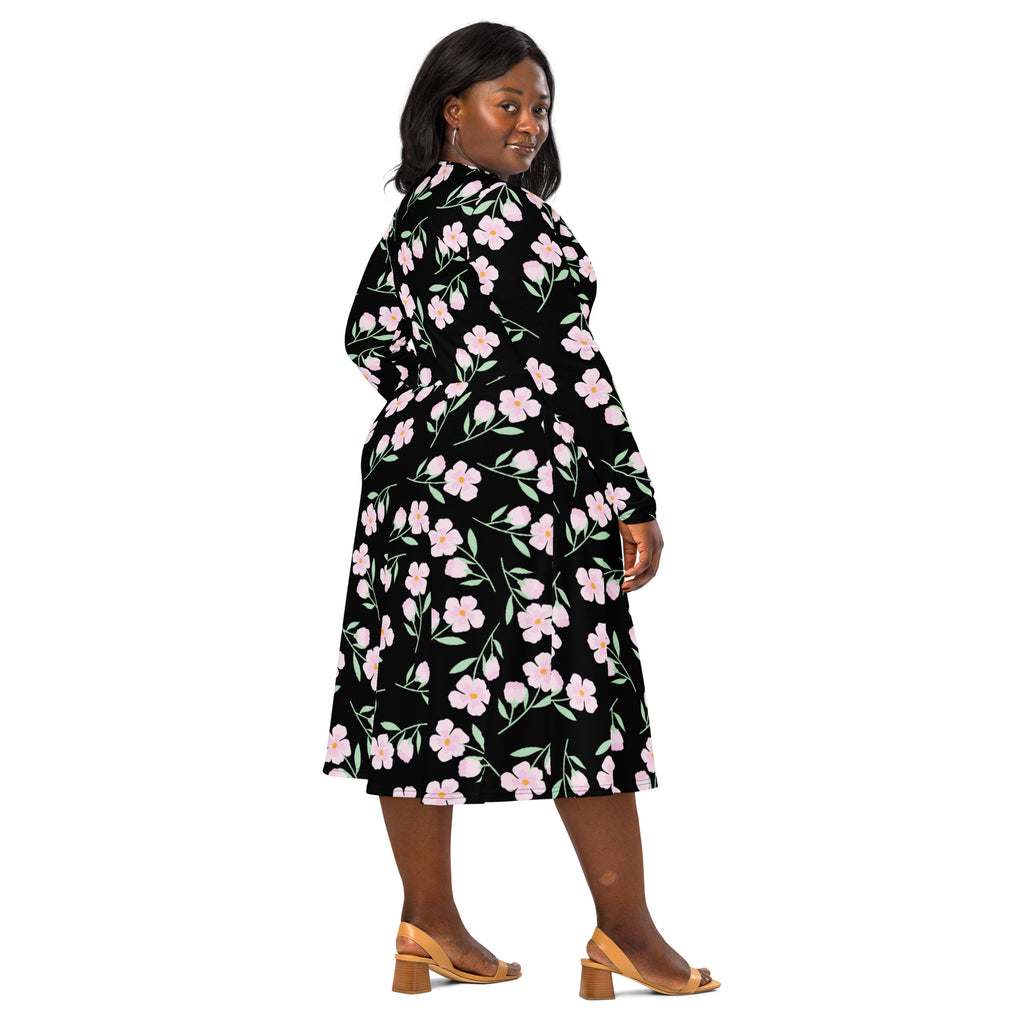 Women’s black floral long sleeve midi wrap dress with pink flowers green stems and a belted waist with pockets