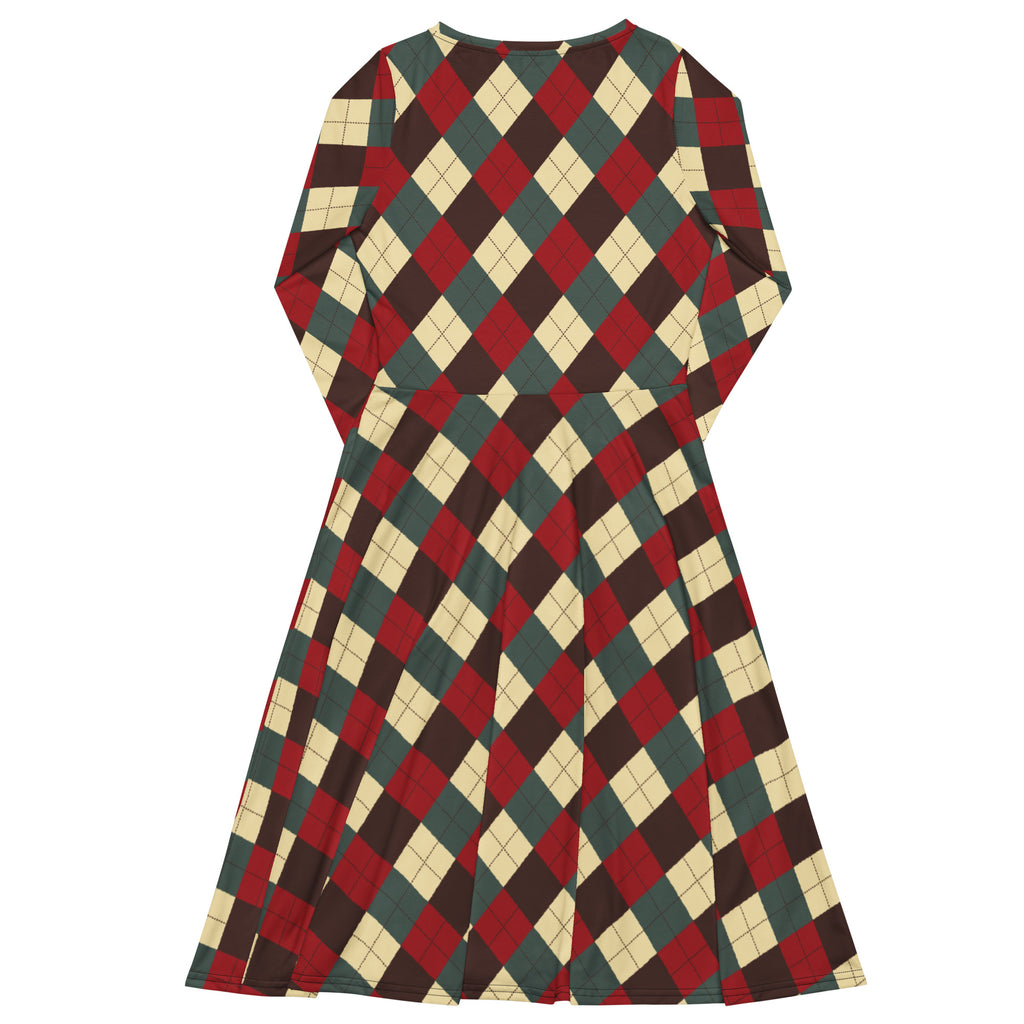 Women’s christmas argyle long sleeve midi dress with pockets featuring bold red dark green and cream diamond pattern