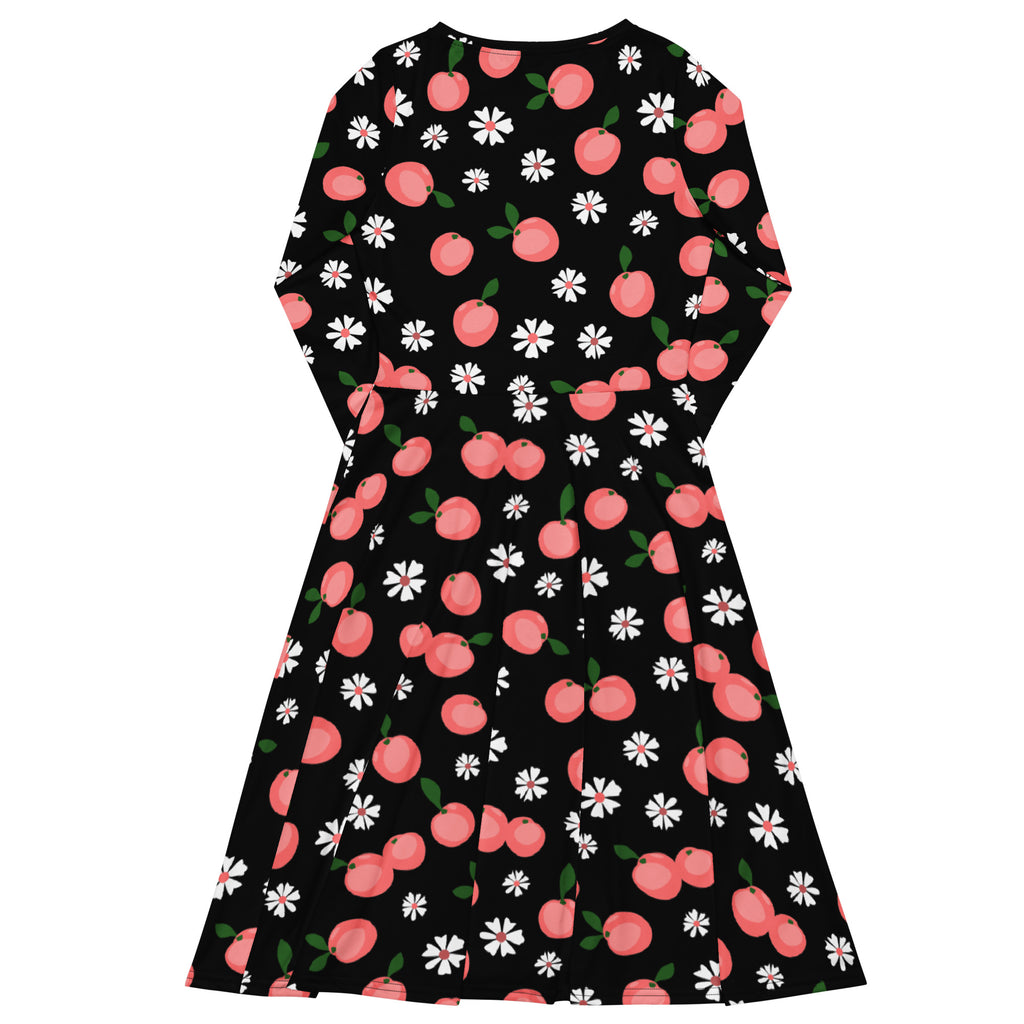 Women’s peach blossom long sleeve midi dress in black with pink cherries white daisies and pockets
