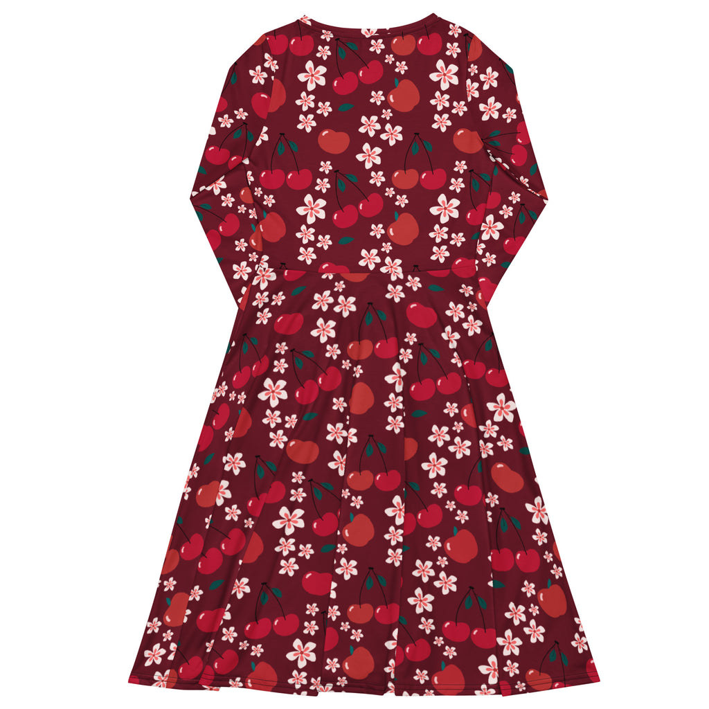 Women’s maroon cherry blossom long sleeve midi dress with pockets featuring red cherries and pink flowers pattern