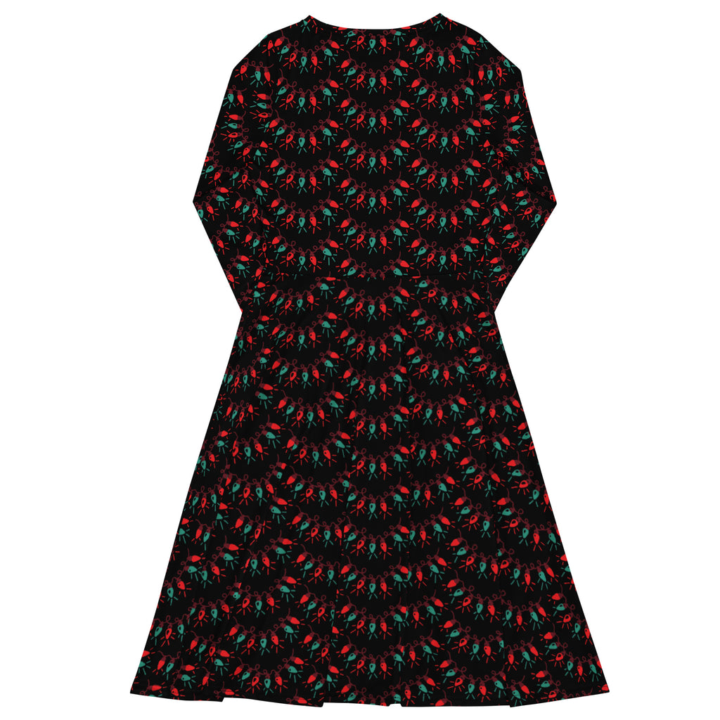 Women’s black long sleeve midi dress with pockets featuring a repeating red and teal stylized bird pattern