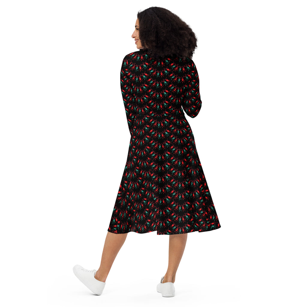 Women’s christmas lights long sleeve black midi dress with red and teal chili pepper pattern and pockets