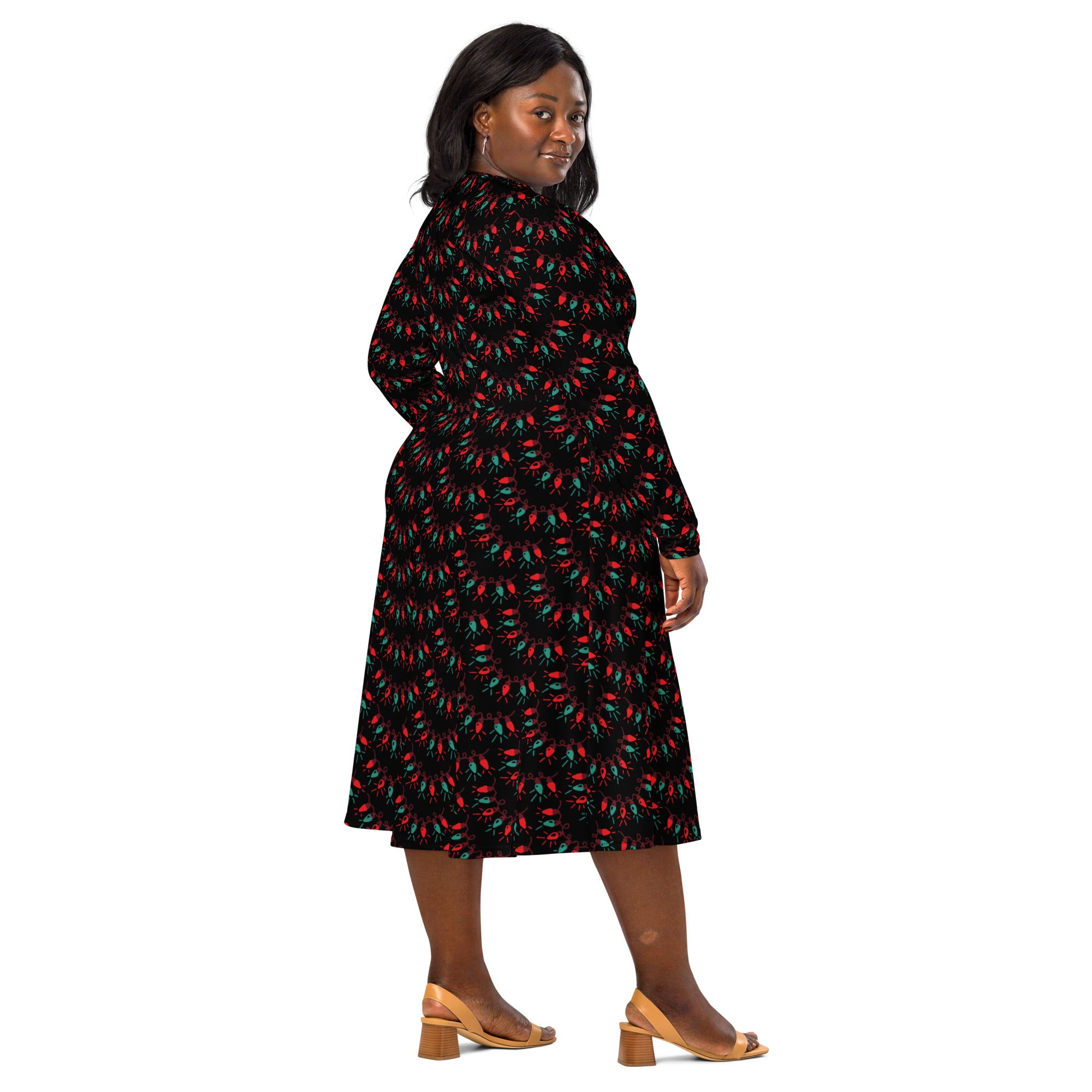 Women’s black midi dress with high neckline long sleeves vibrant red and green chili pepper pattern and pockets