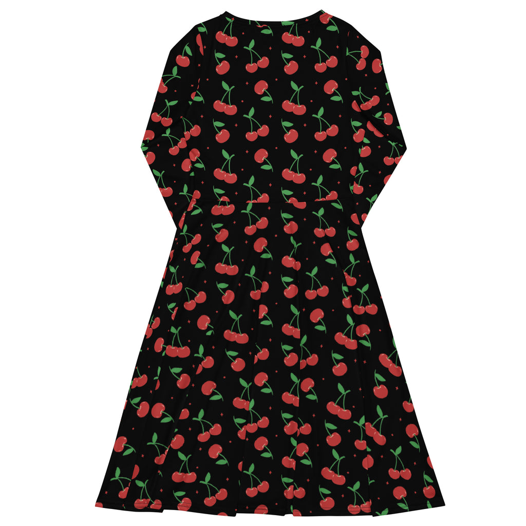 Women’s black cherry-print long sleeve midi dress with red cherries green stems and pockets on fabric