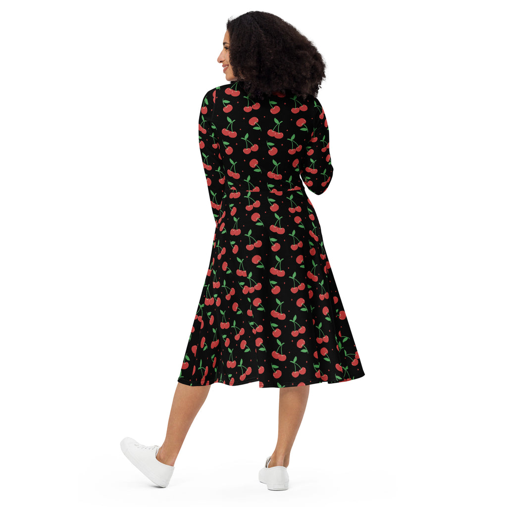 Black cherry print long sleeve midi dress with pockets and flared skirt for women