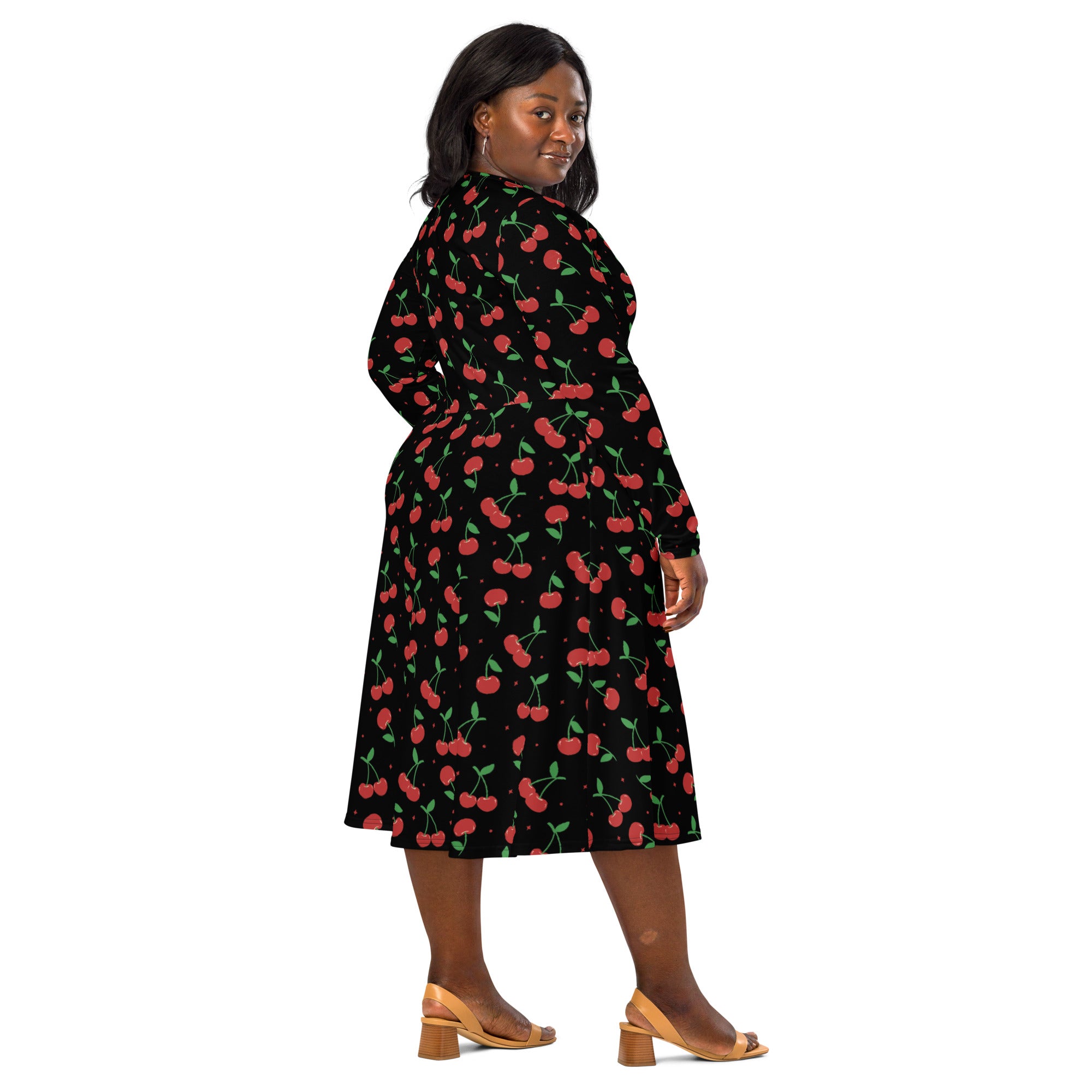 Black cherry-print long sleeve midi dress with red cherries green stems and pockets for women