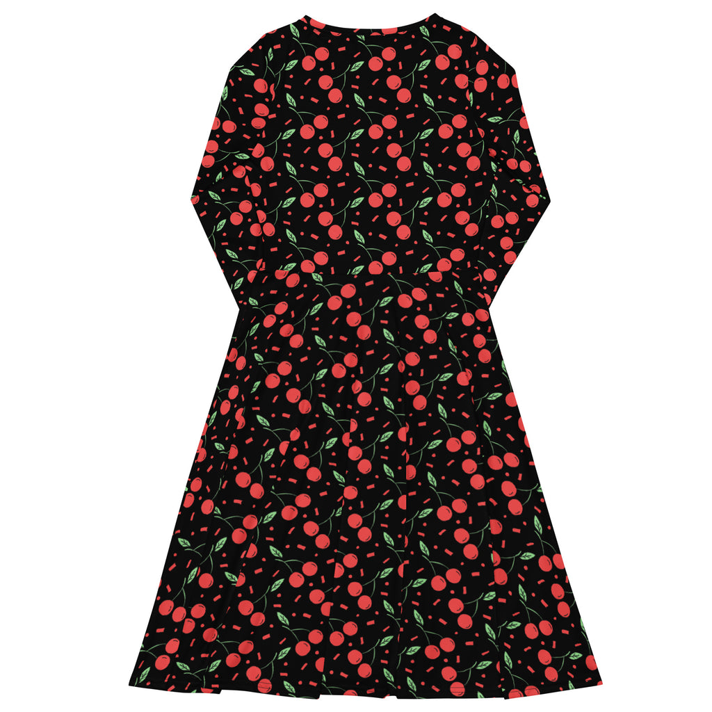 Women’s vintage cherry long sleeve midi dress with pockets in black fabric featuring red cherries and green leaves print