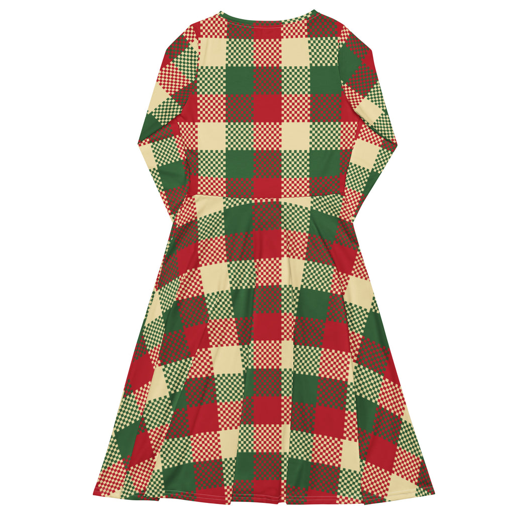 Women’s christmas plaid long sleeve midi dress with pockets featuring a festive red green and cream checkered pattern