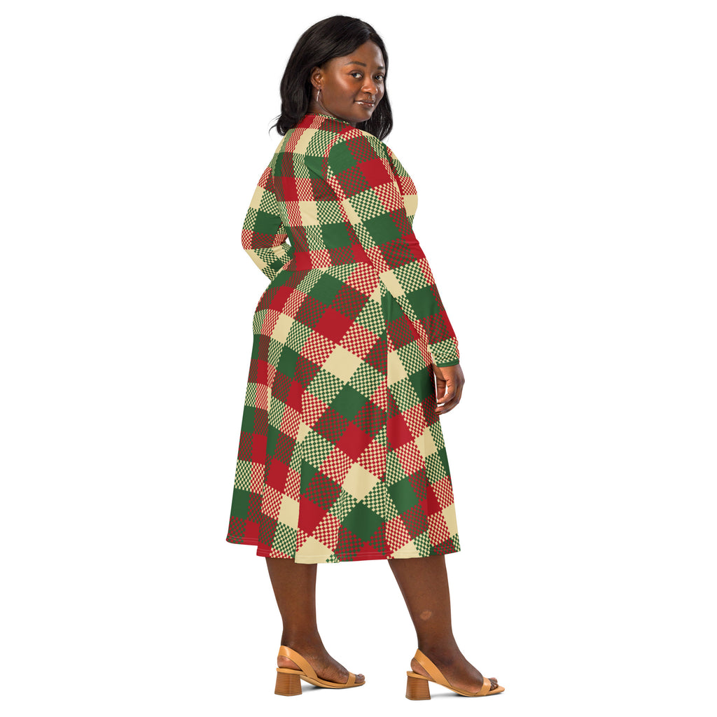 A plus-size woman wears a festive long-sleeved midi dress with red green and cream plaid and pockets