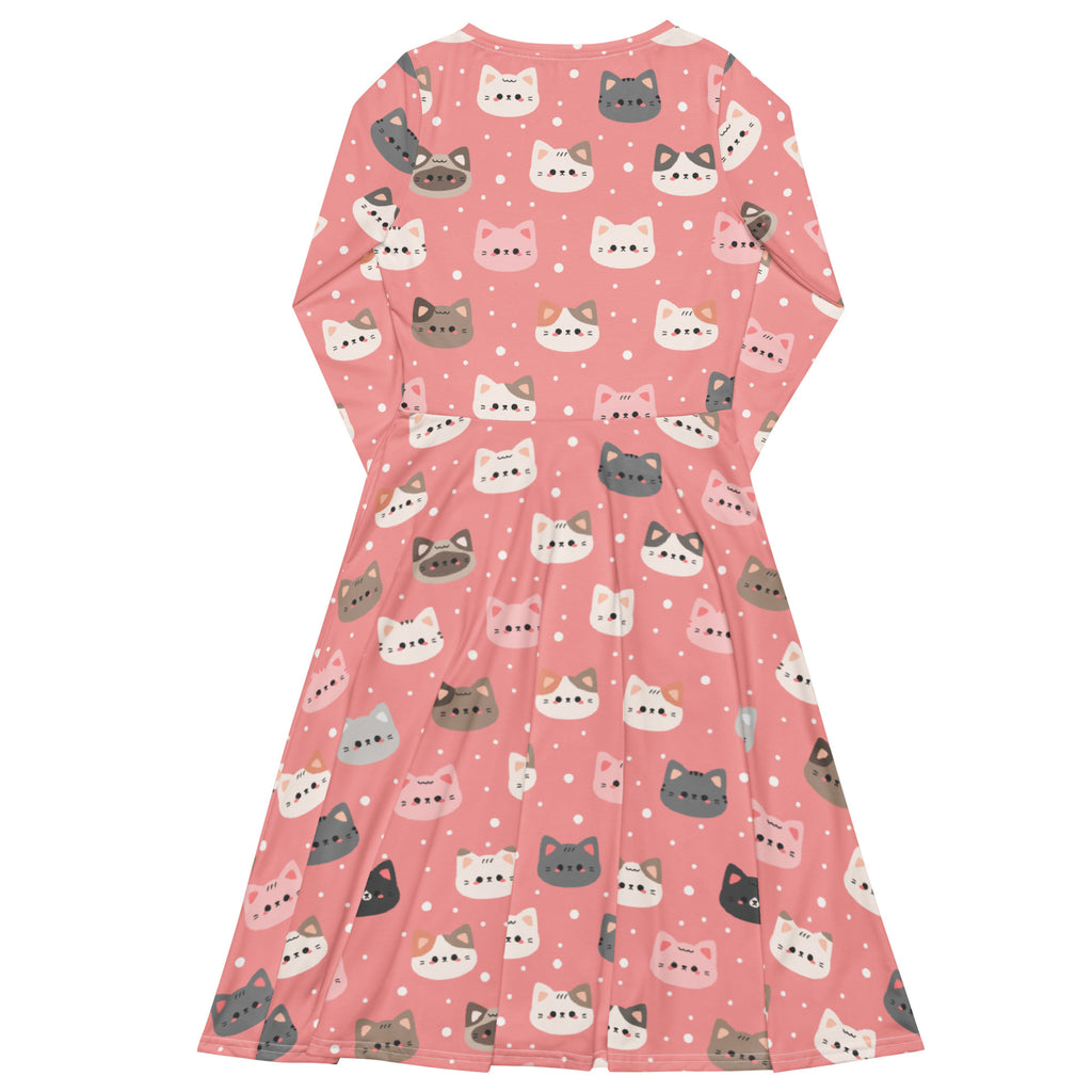 Women’s cute pink long sleeve midi dress with pockets featuring colorful cartoon cat faces pattern