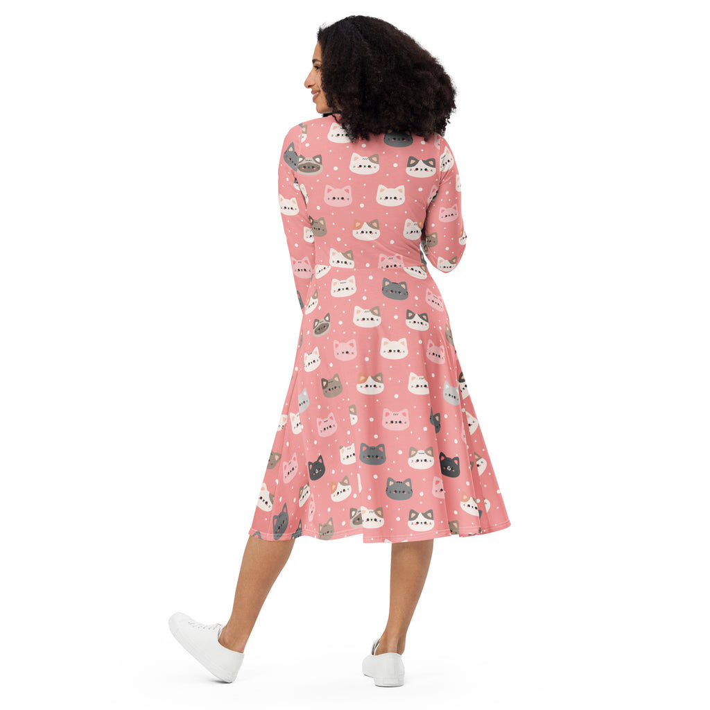 Women’s cute pink long sleeve a-line midi dress with colorful cartoon cat faces and white polka dots with pockets