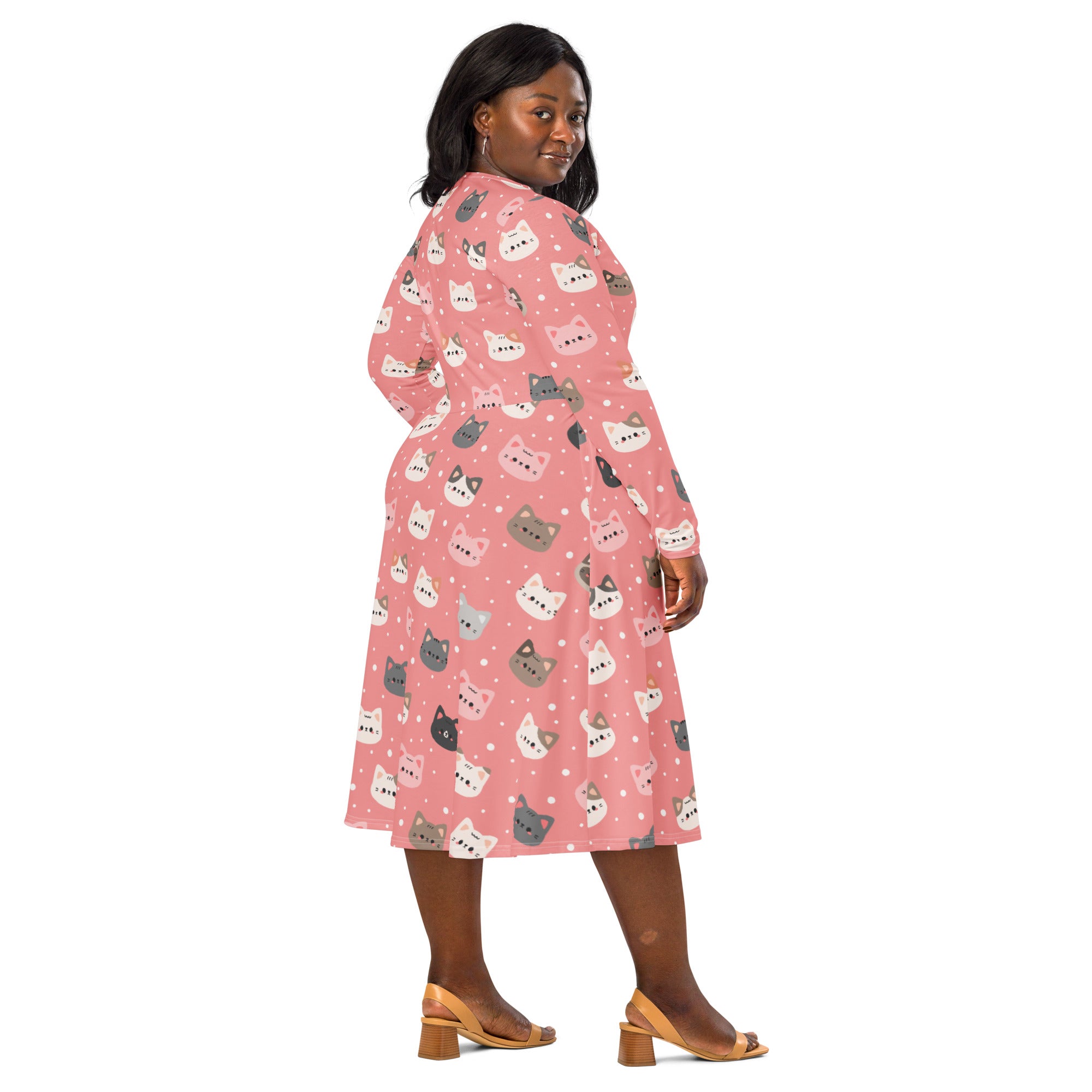 Women’s cute pink long sleeve midi dress with colorful cartoon cat faces and pockets perfect for casual wear