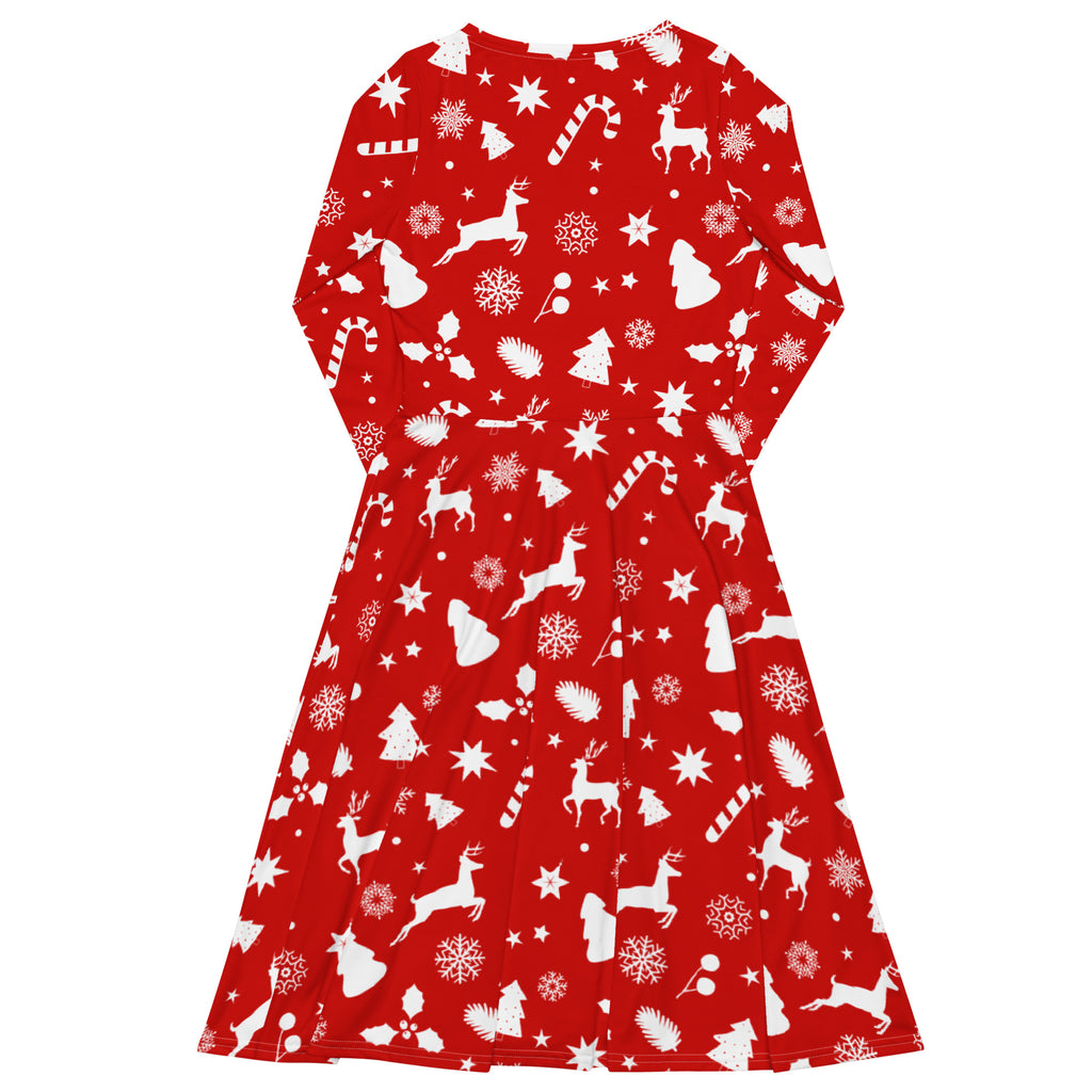 Women’s red christmas long sleeve midi dress with pockets featuring white reindeer snowflakes candy cane print