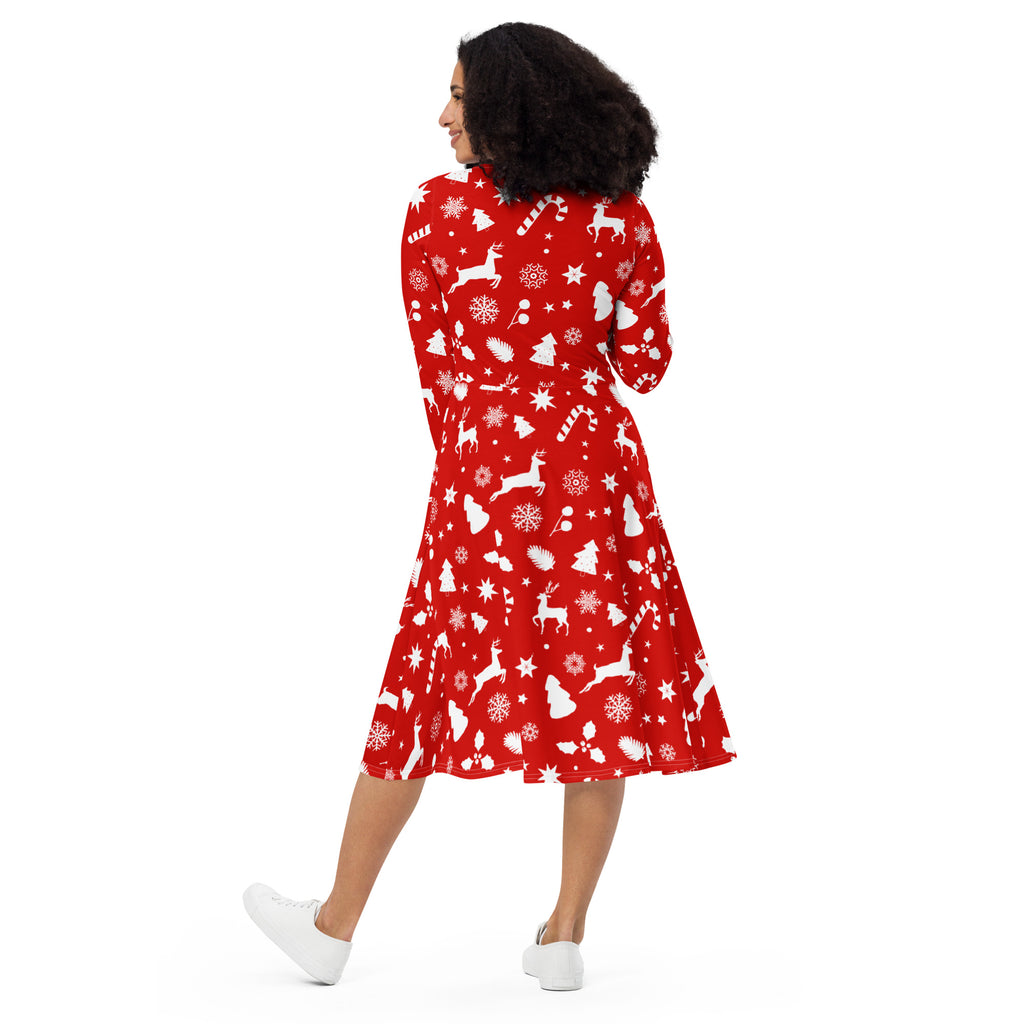 Women’s red christmas long sleeve midi wrap dress with pockets featuring white reindeer and festive silhouettes