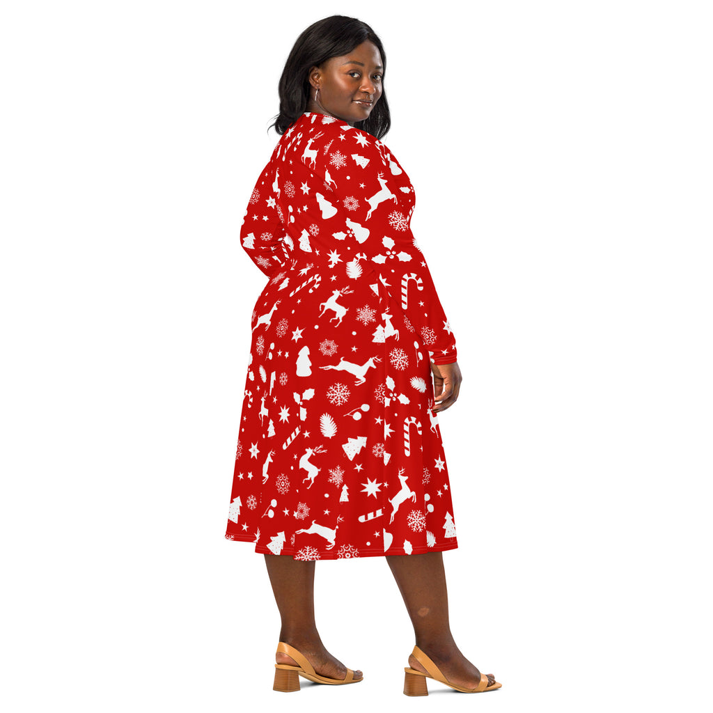 Women’s red christmas long sleeve midi dress with pockets featuring white reindeer snowflakes candy canes and trees