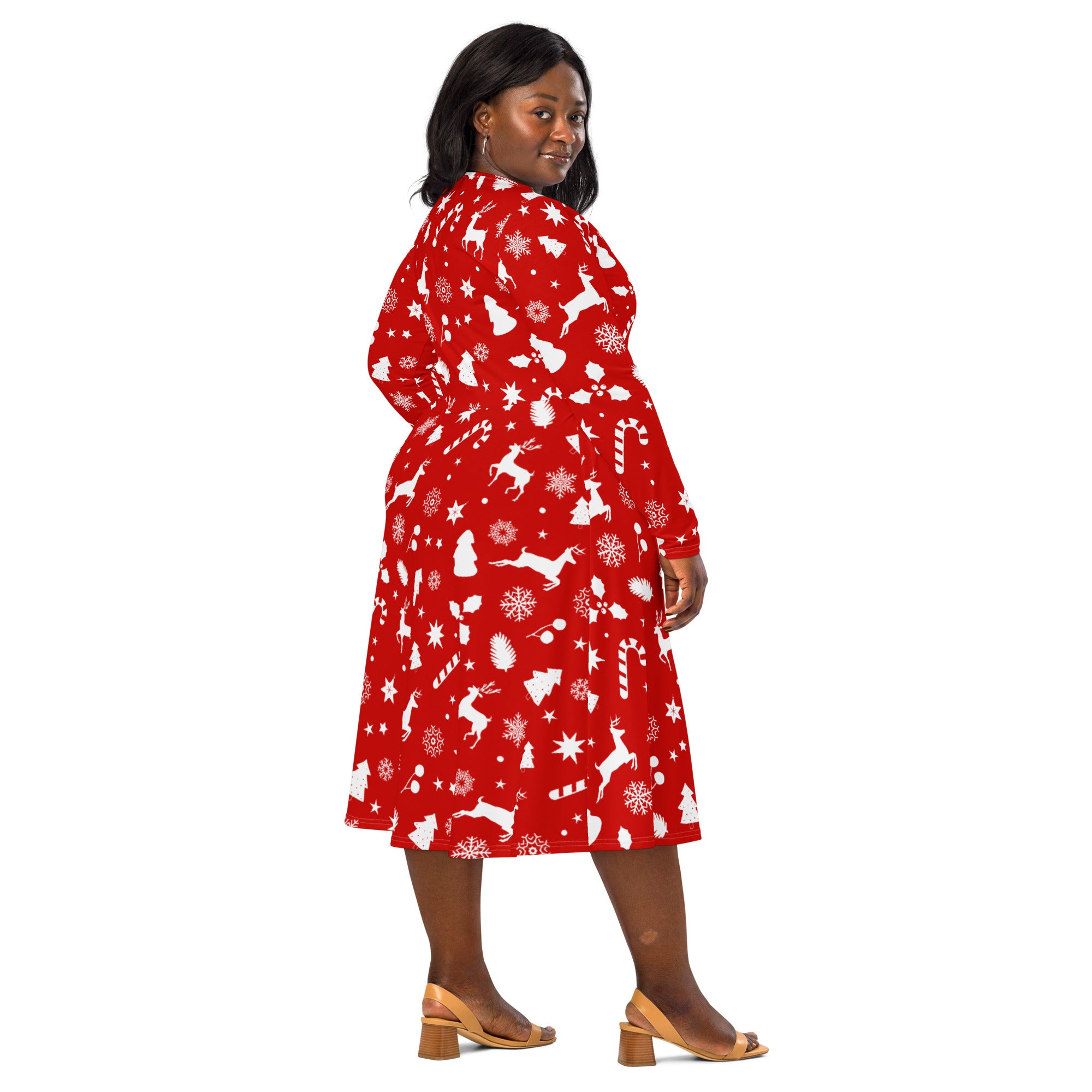 Women’s red christmas long sleeve midi dress with pockets featuring white reindeer snowflakes candy canes and trees