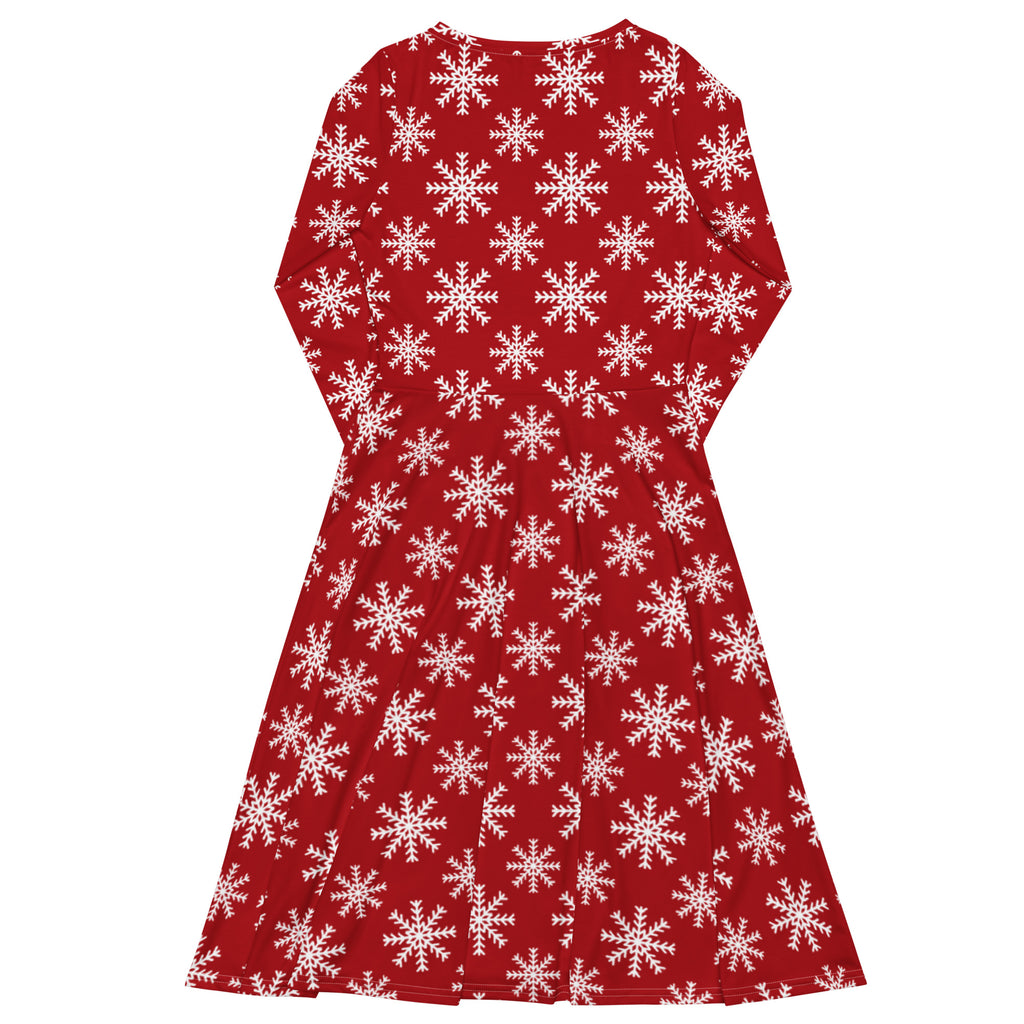 Women’s red christmas snowflake long sleeve midi dress with pockets featuring a flared skirt and festive pattern