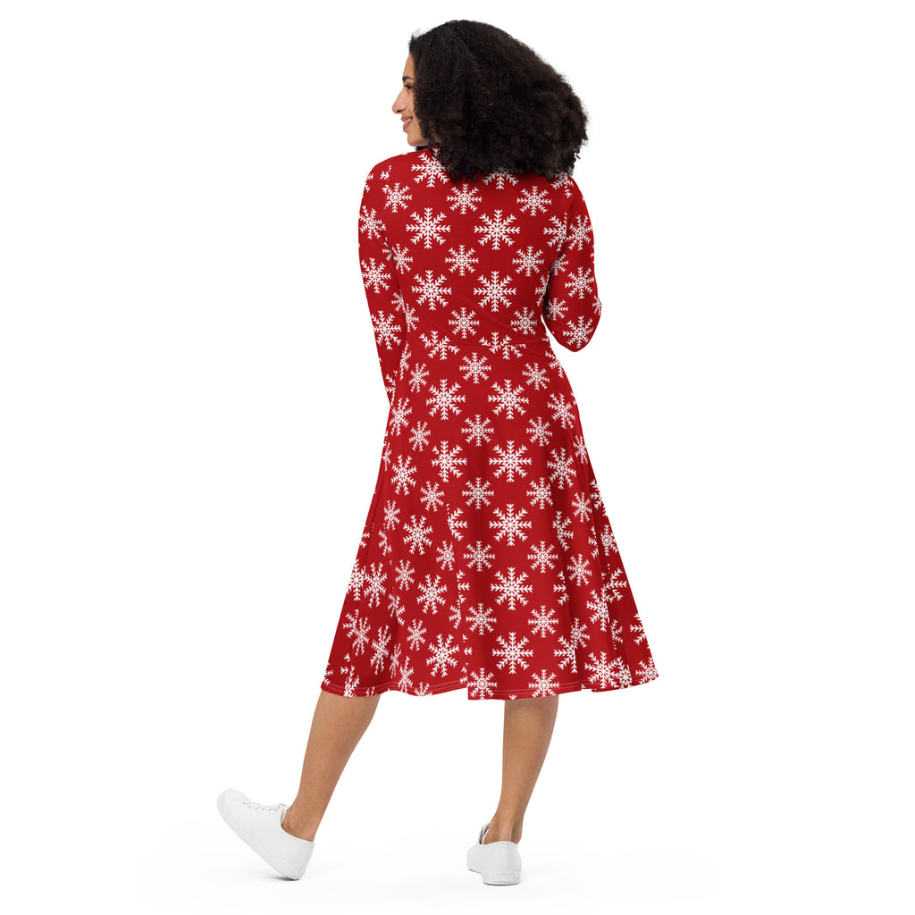 Women’s red christmas snowflake long sleeve midi dress with pockets featuring a flared skirt and festive pattern