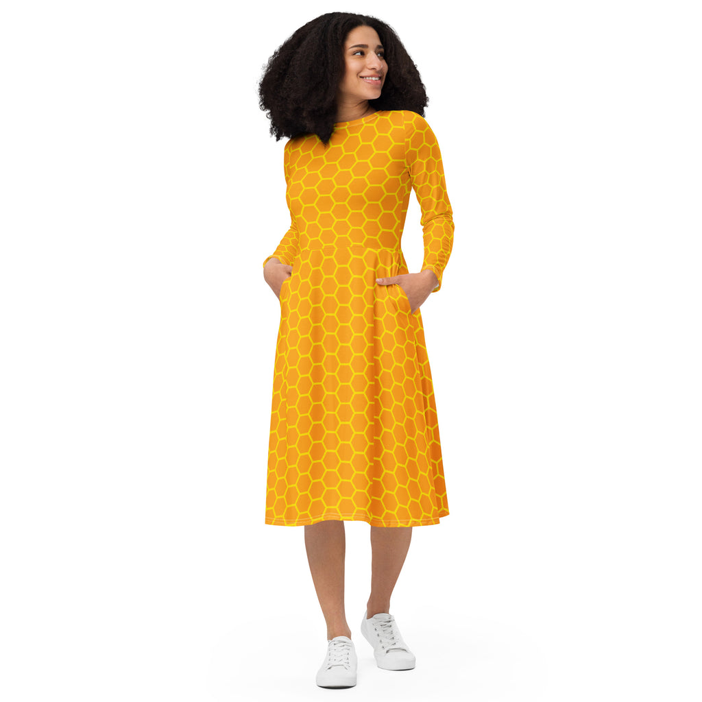 Women's Honeycomb Long Sleeve Midi Dress With Pockets