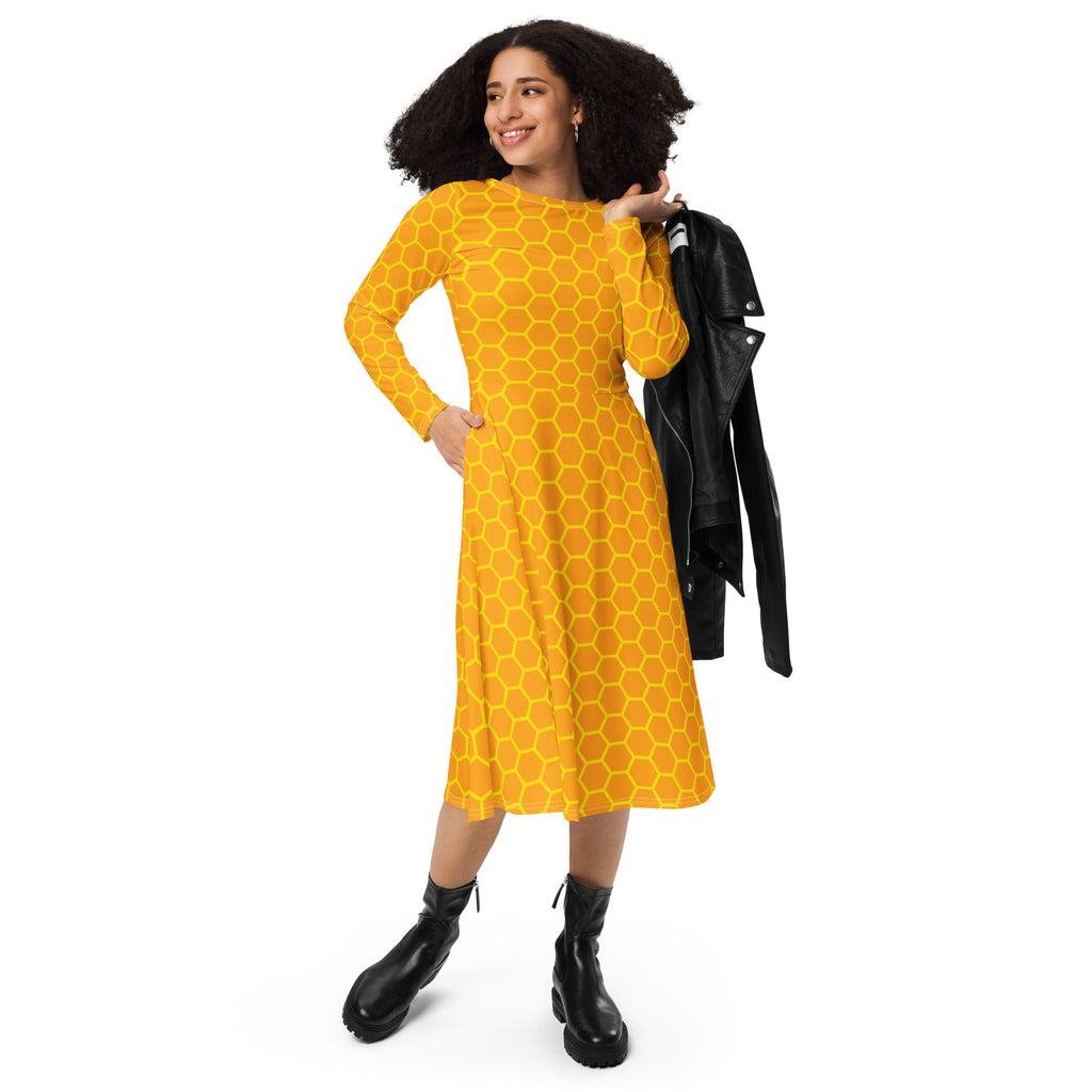Women's Honeycomb Long Sleeve Midi Dress With Pockets