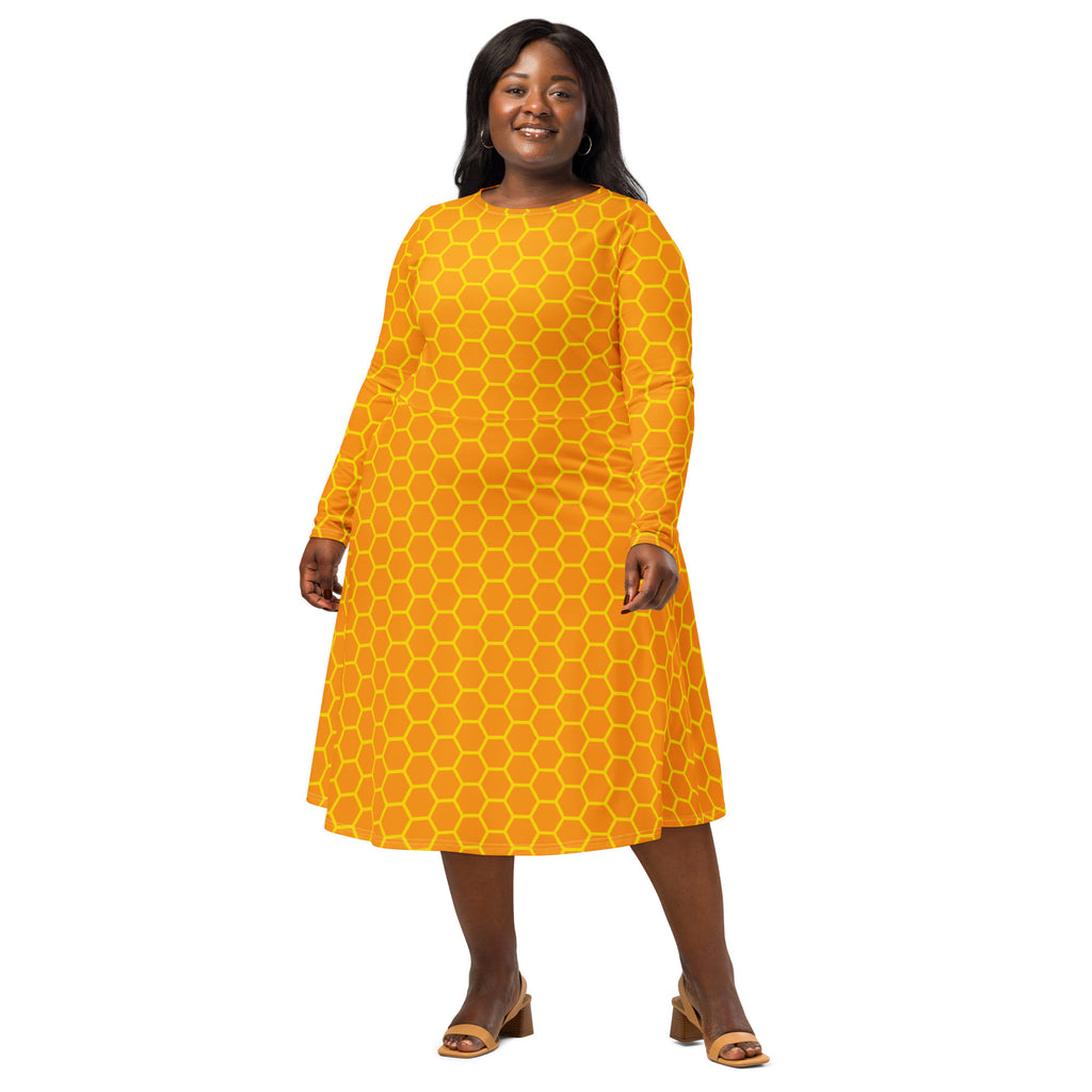 Women's Honeycomb Long Sleeve Midi Dress With Pockets