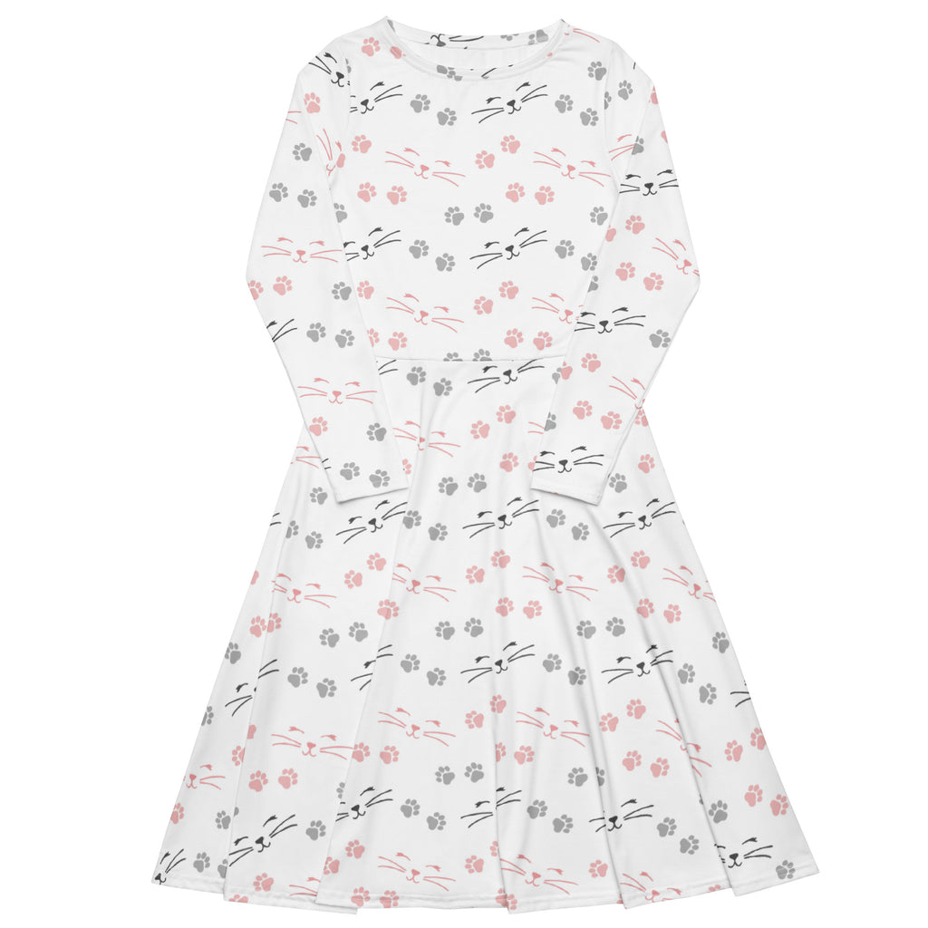 White long-sleeved midi dress with pink and gray cat faces paw prints and pockets for women