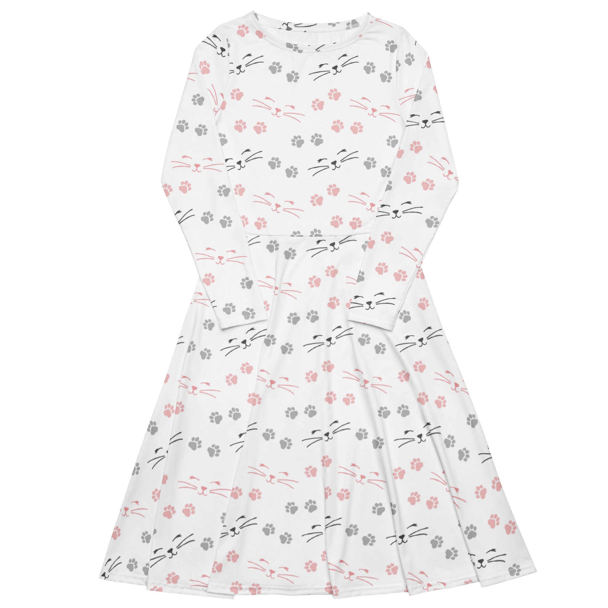 White long-sleeved midi dress with pink and gray cat faces paw prints and pockets for women