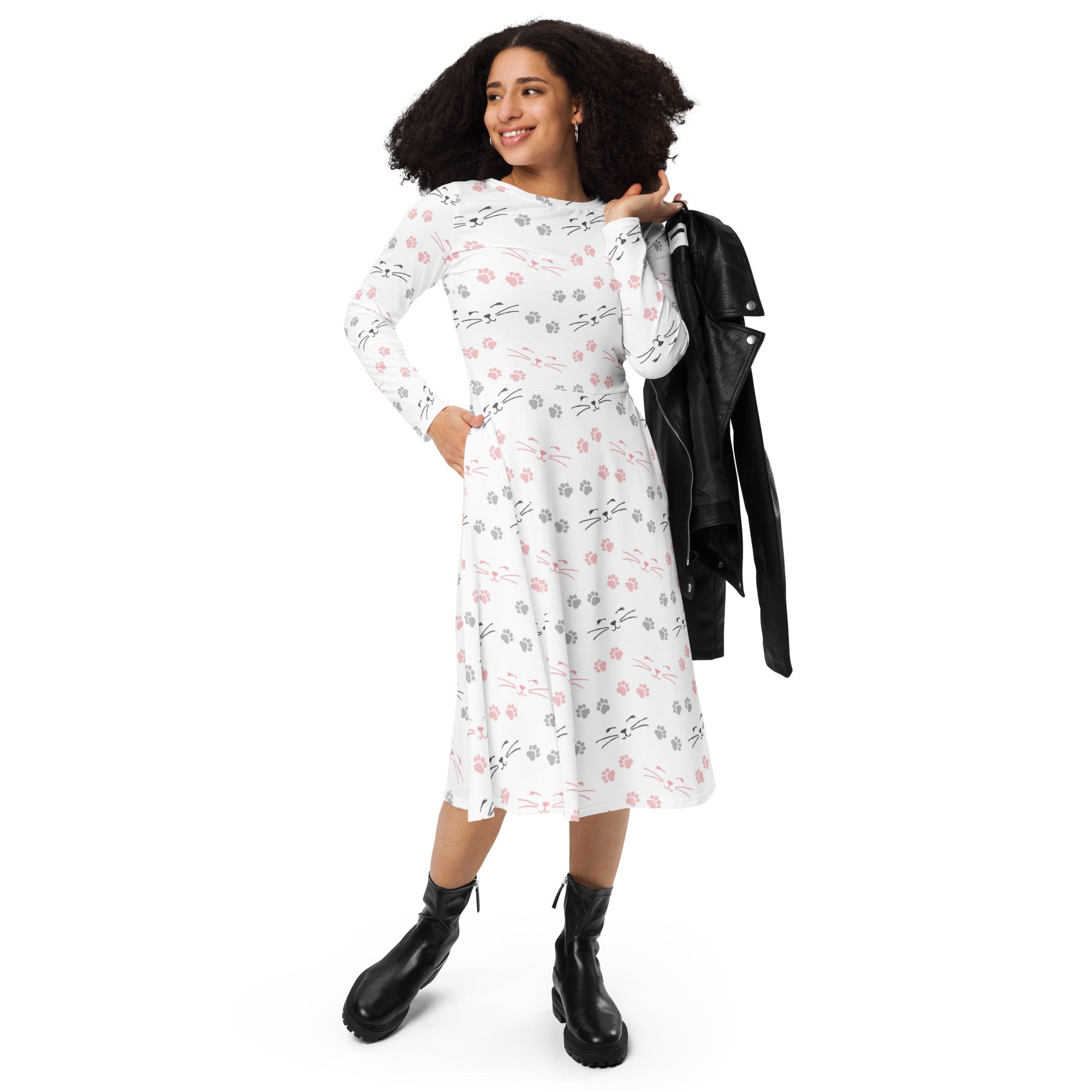 White long-sleeved midi dress with pink and gray cat faces and paw prints featuring pockets for women