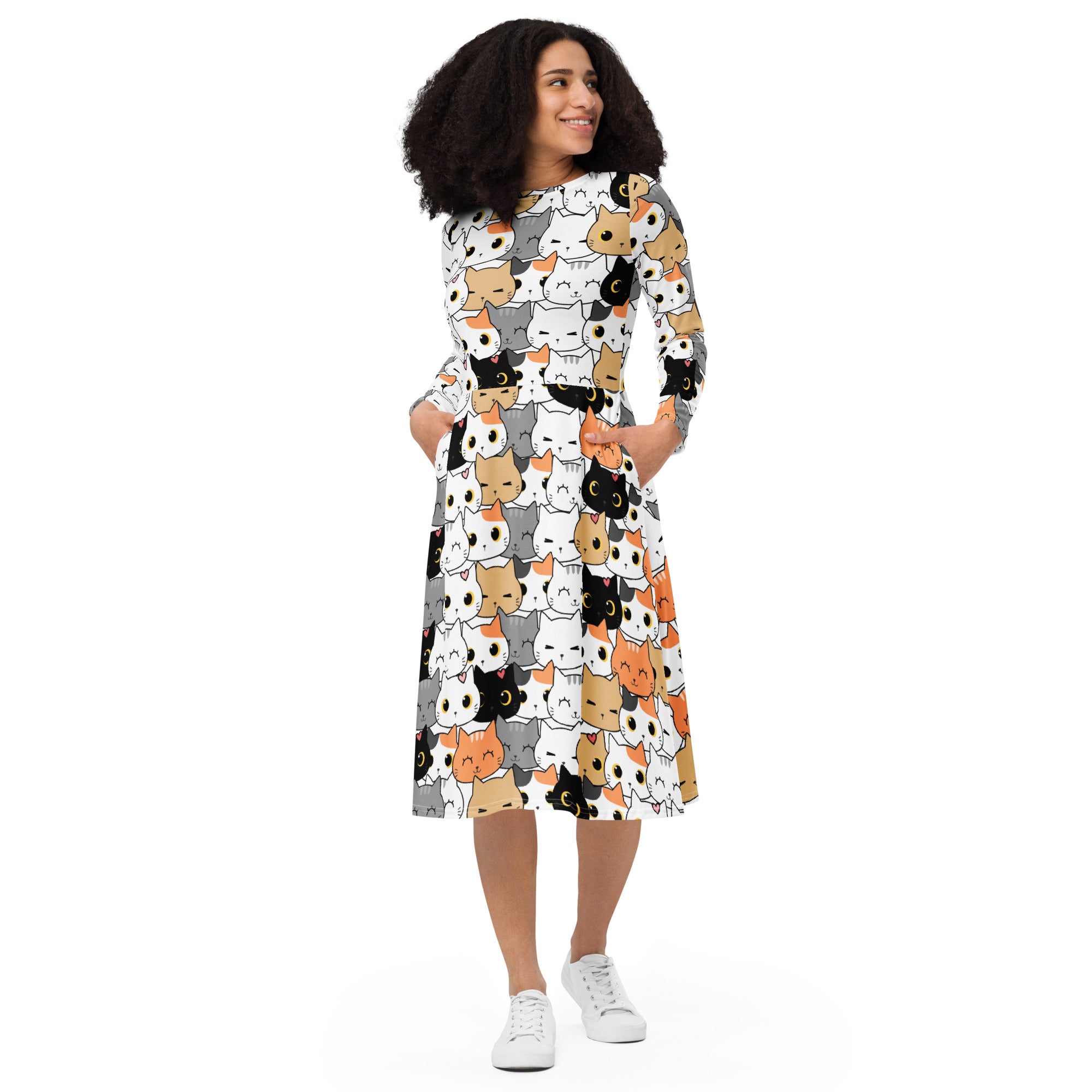 Women's Cat Face Long Sleeve Midi Dress With Pockets