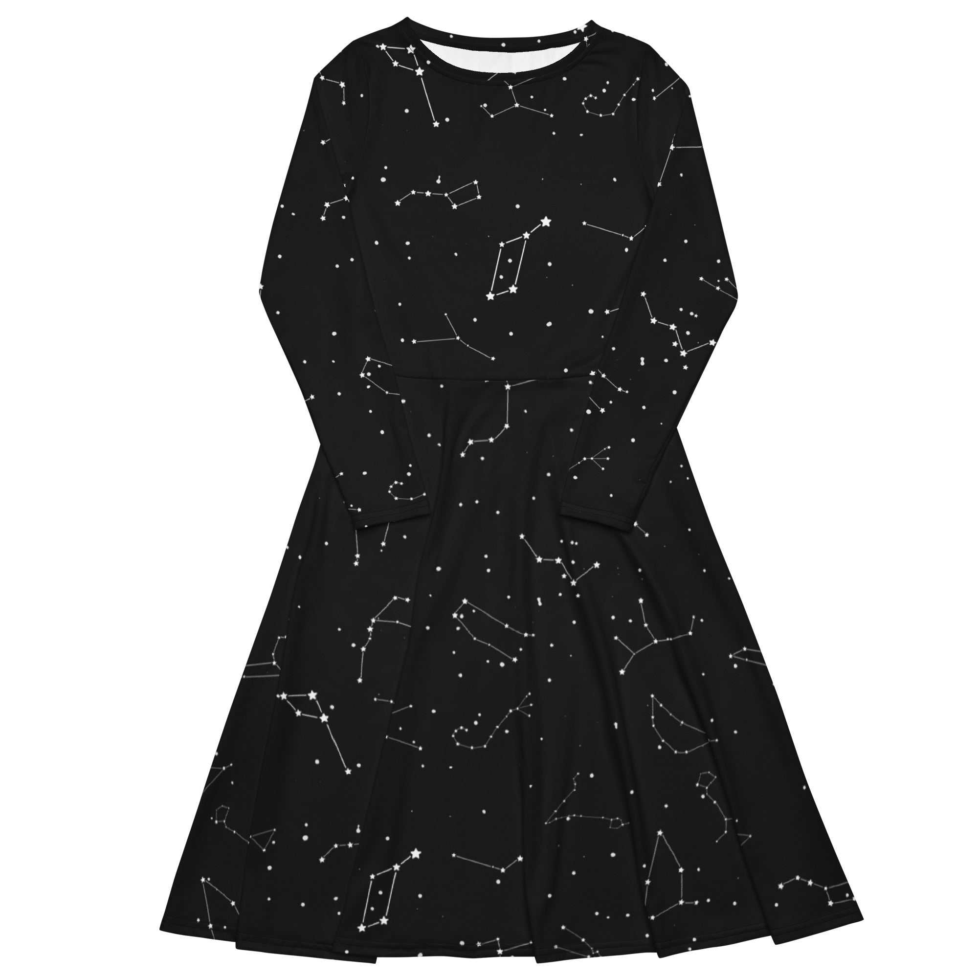 Women’s black long sleeve midi dress with realistic white constellation pattern and pockets