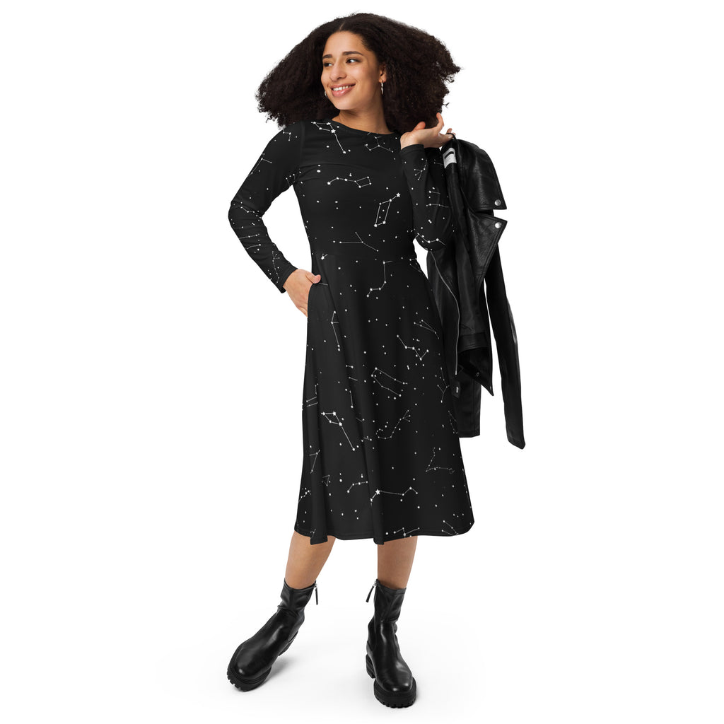 Black midi dress with white realistic constellation pattern long sleeves and pockets for women