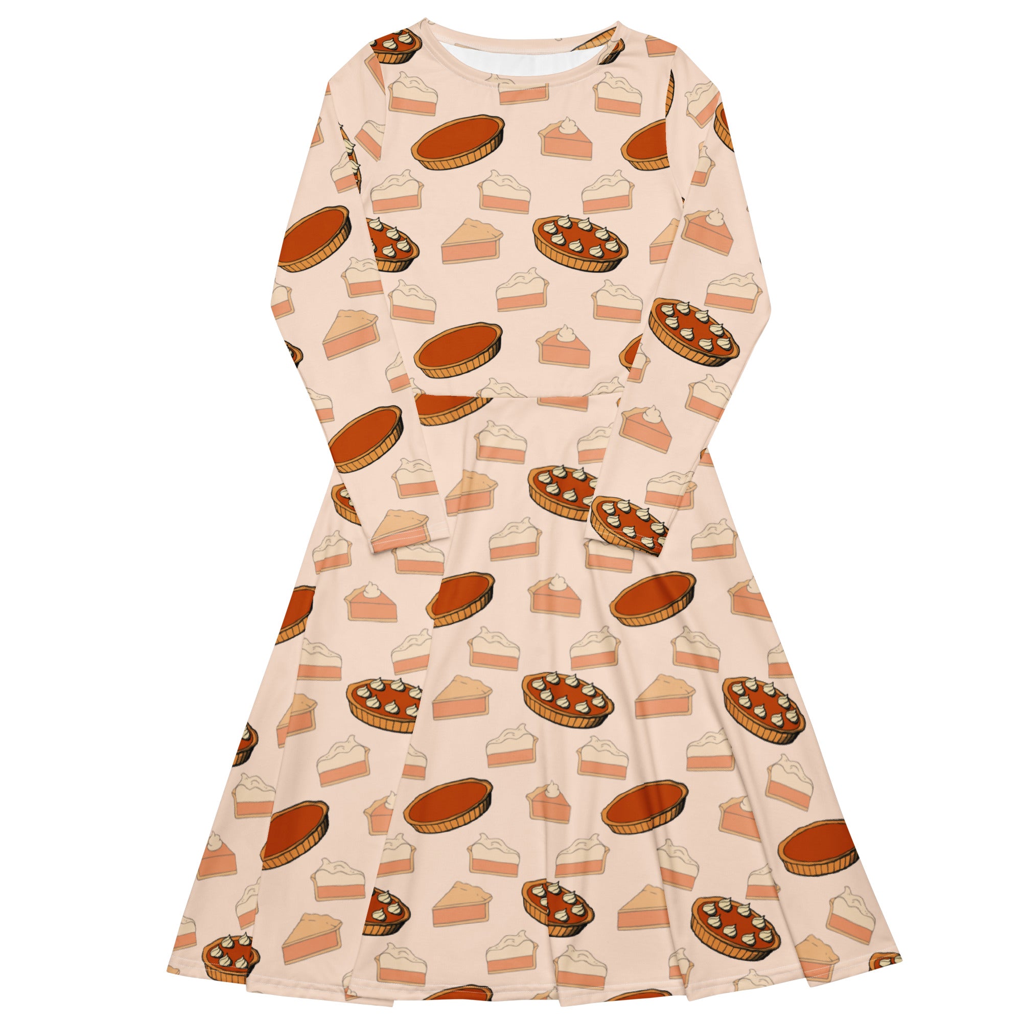 Women’s pumpkin pie thanksgiving long sleeve midi dress in peach with playful pie print and pockets