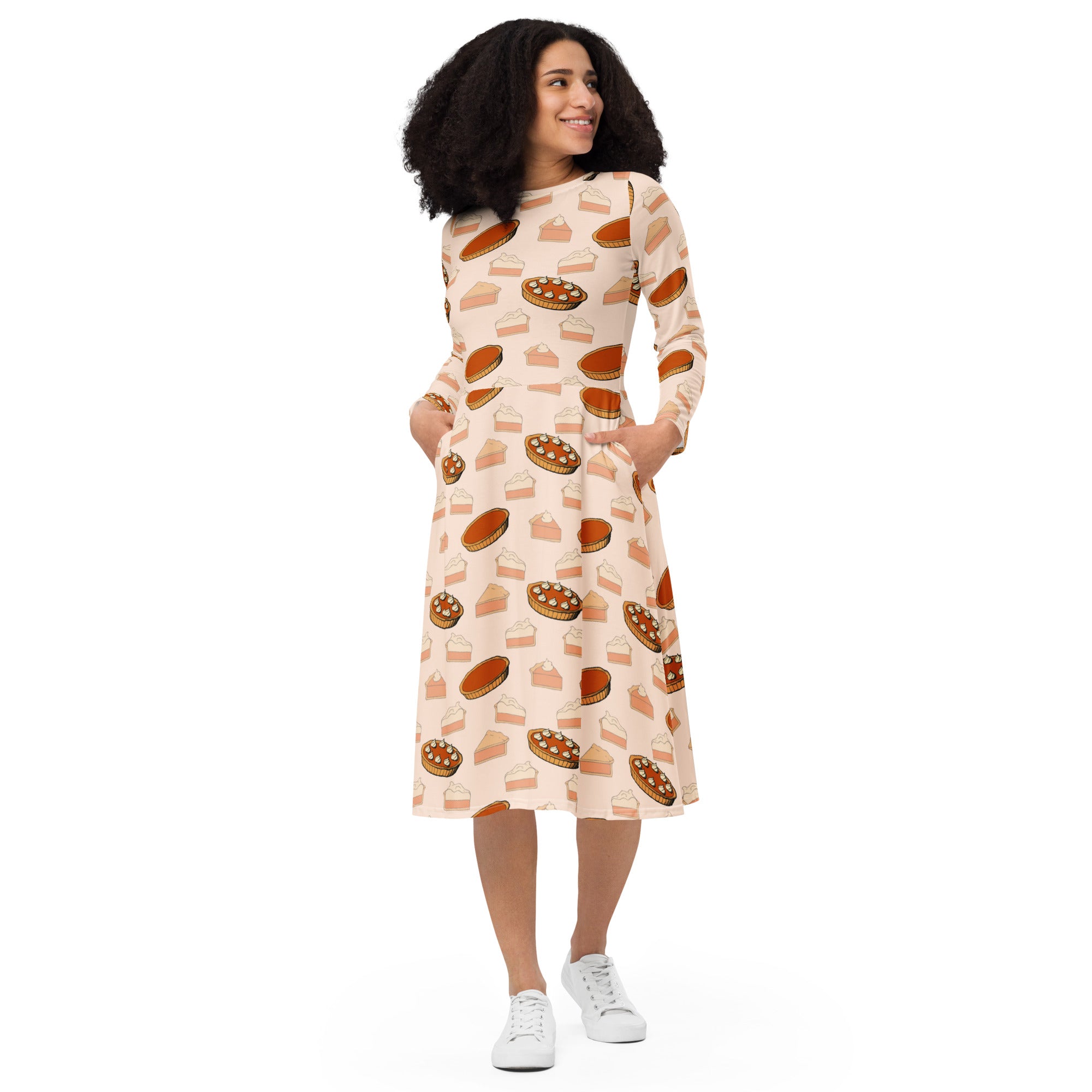 Women’s pumpkin pie thanksgiving long sleeve midi dress in soft peach with pie slice print and side pockets
