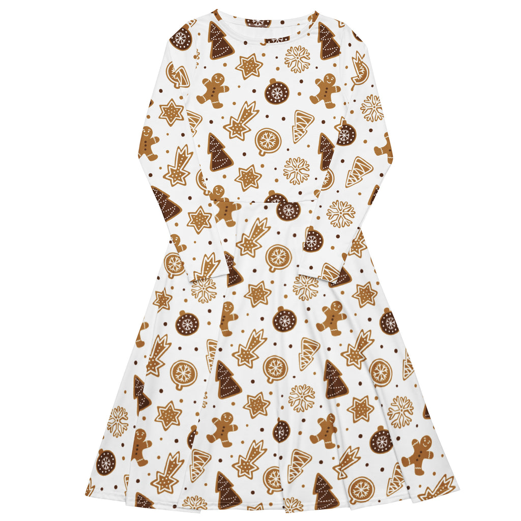 Women’s white long sleeve midi dress with gingerbread cookies pattern holiday print and pockets