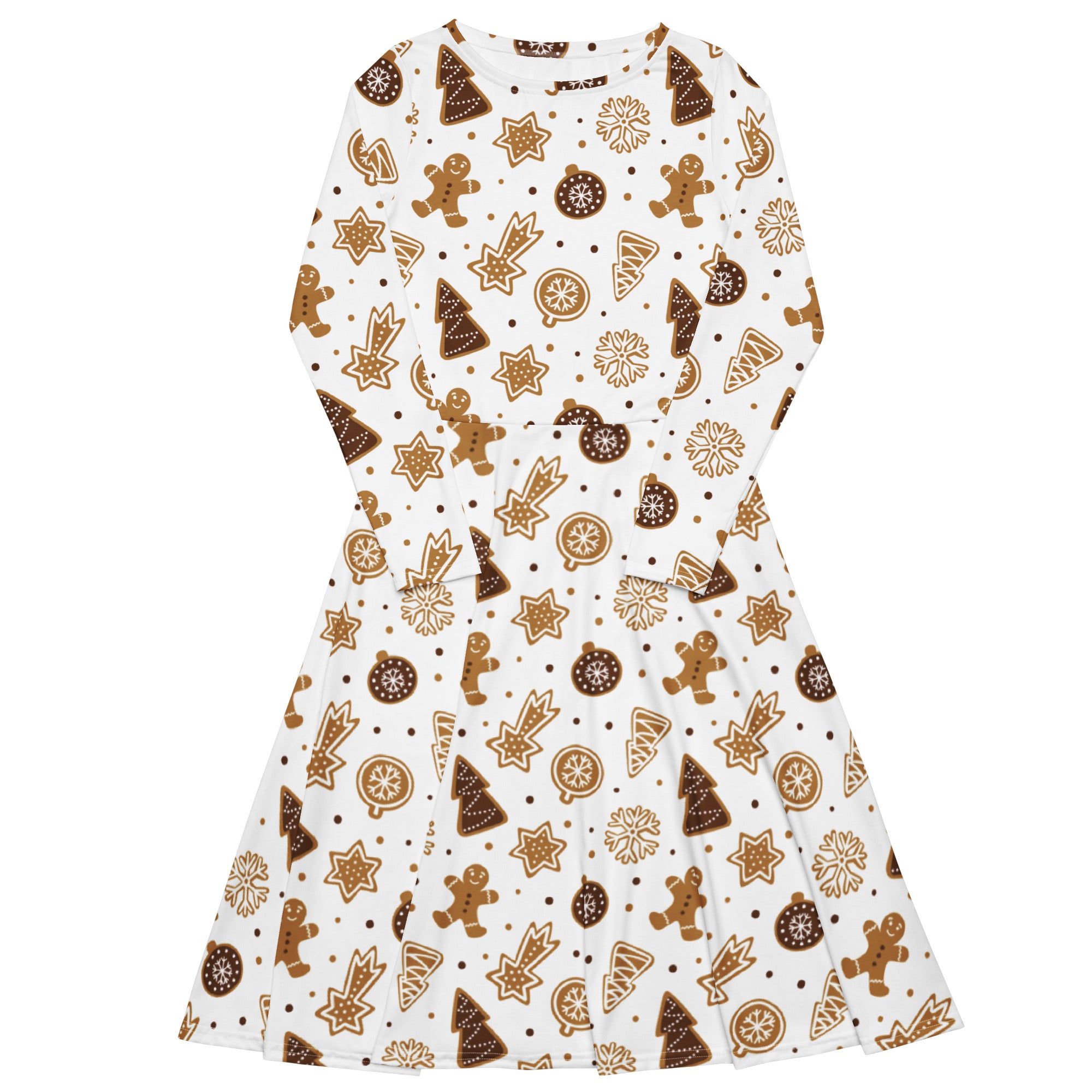 Women’s white long sleeve midi dress with gingerbread cookies pattern holiday print and pockets