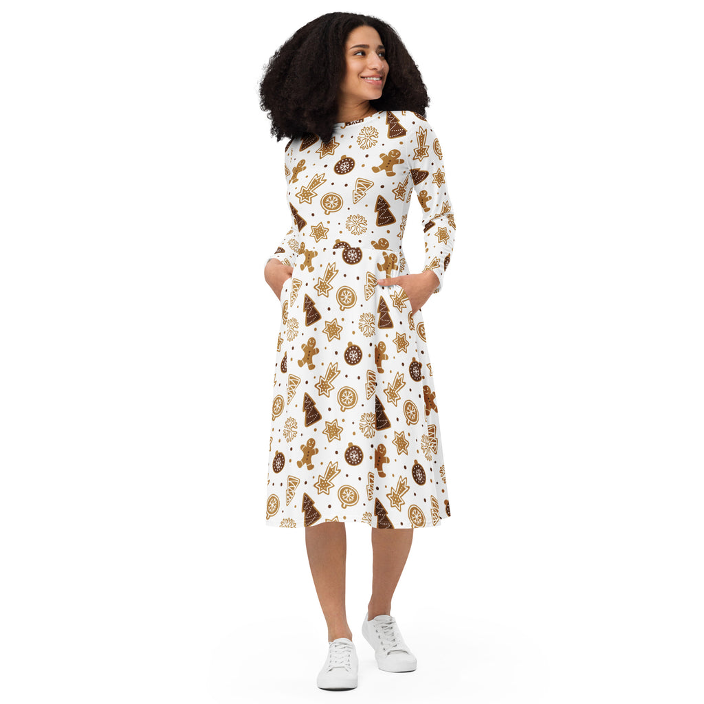Festive white long sleeve midi dress with gingerbread men stars and christmas trees pattern and pockets for women