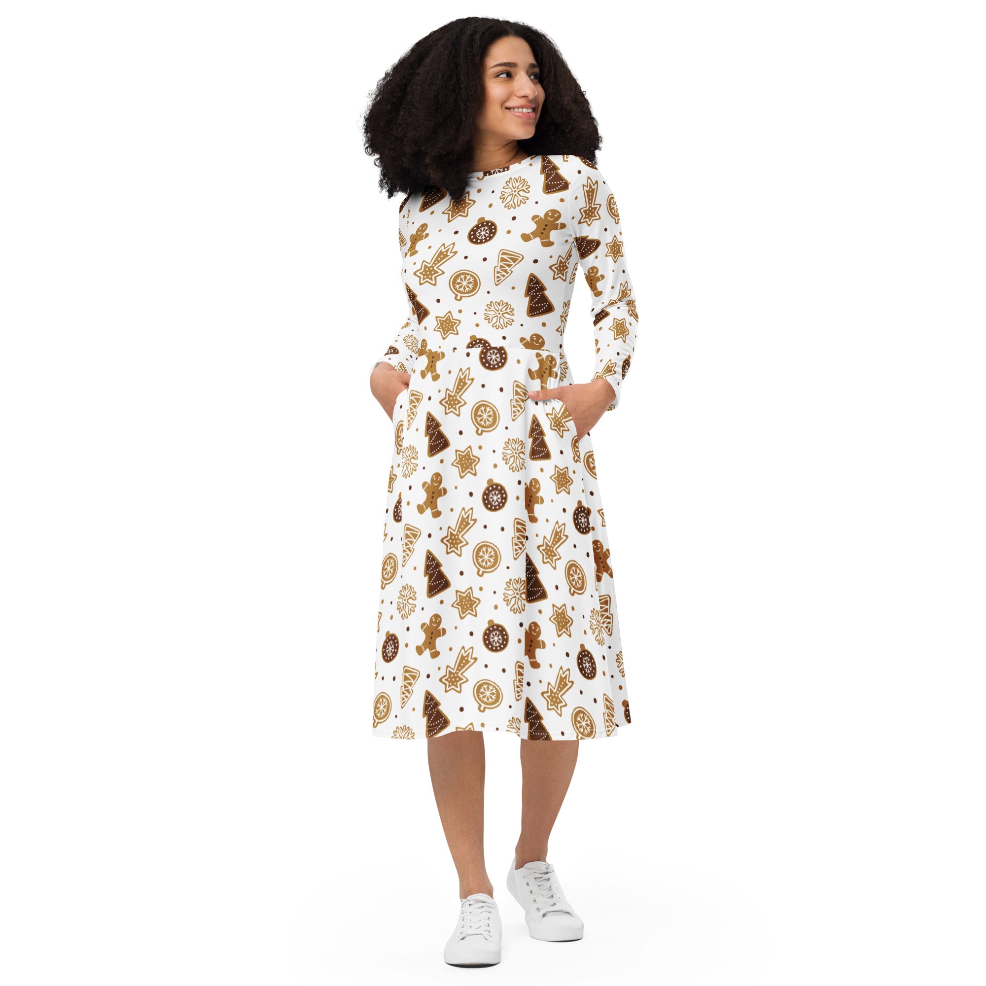 Festive white long sleeve midi dress with gingerbread men stars and christmas trees pattern and pockets for women
