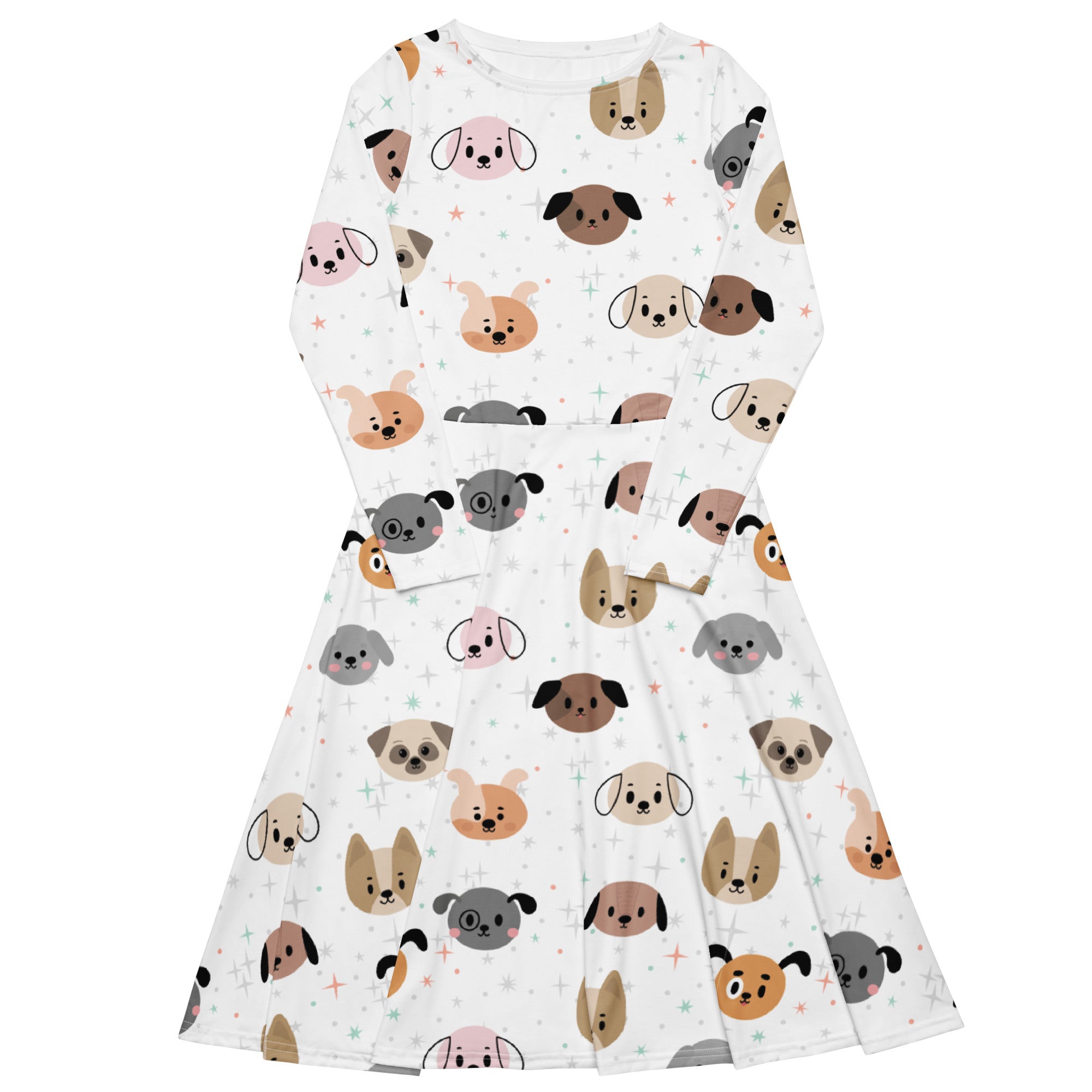 Women's Dog Face Long Sleeve Midi Dress With Pockets