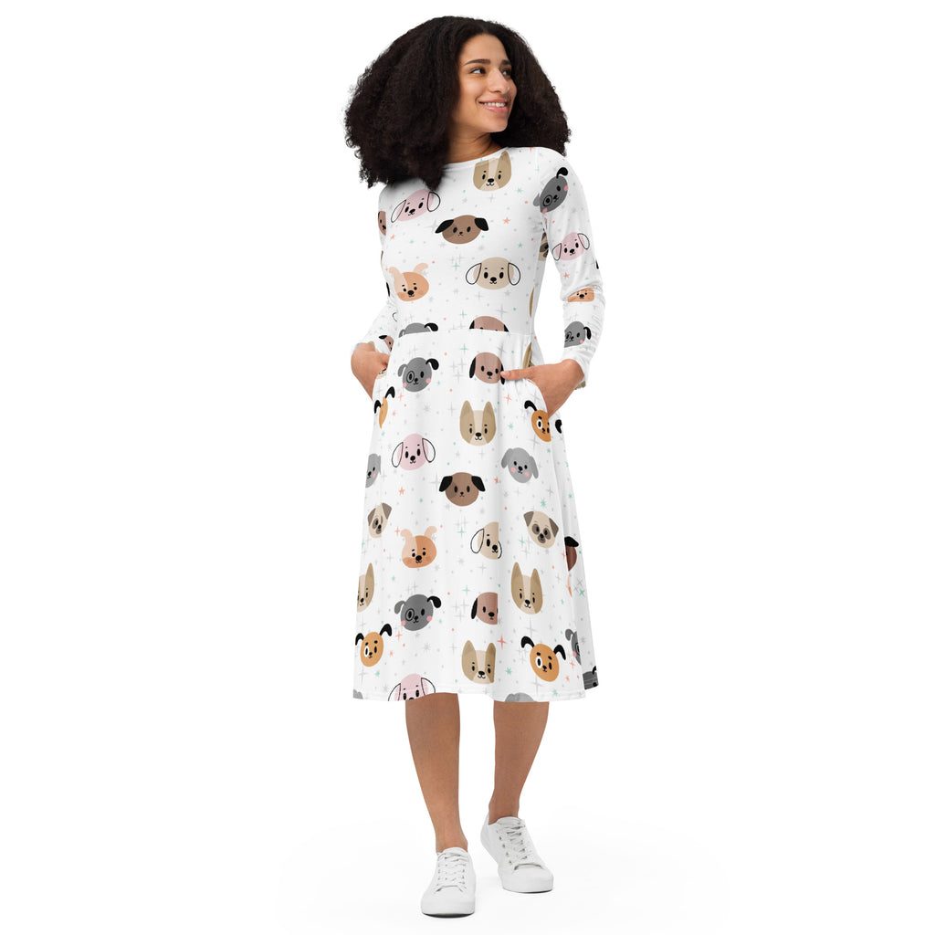 Women's Dog Face Long Sleeve Midi Dress With Pockets