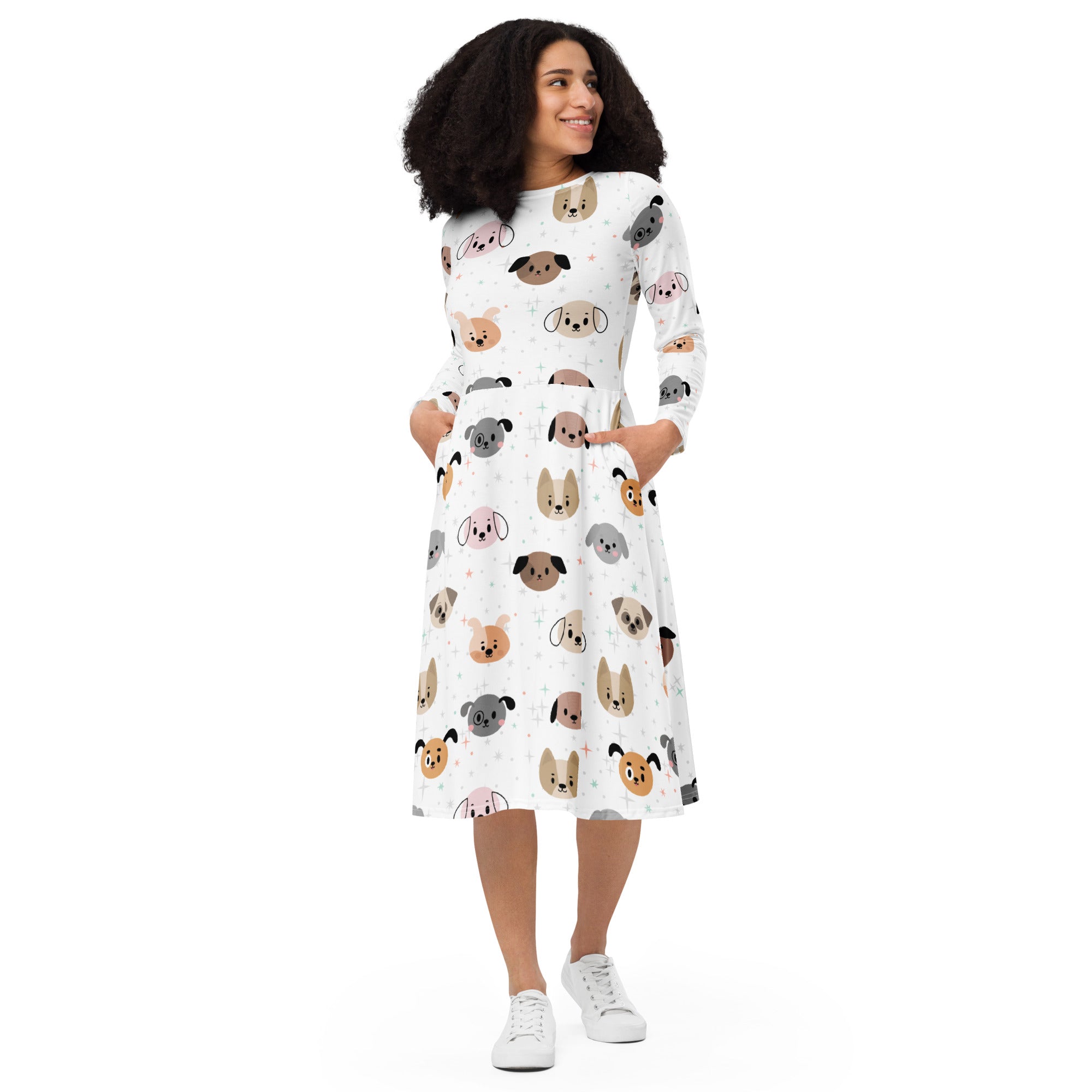 Women's Dog Face Long Sleeve Midi Dress With Pockets