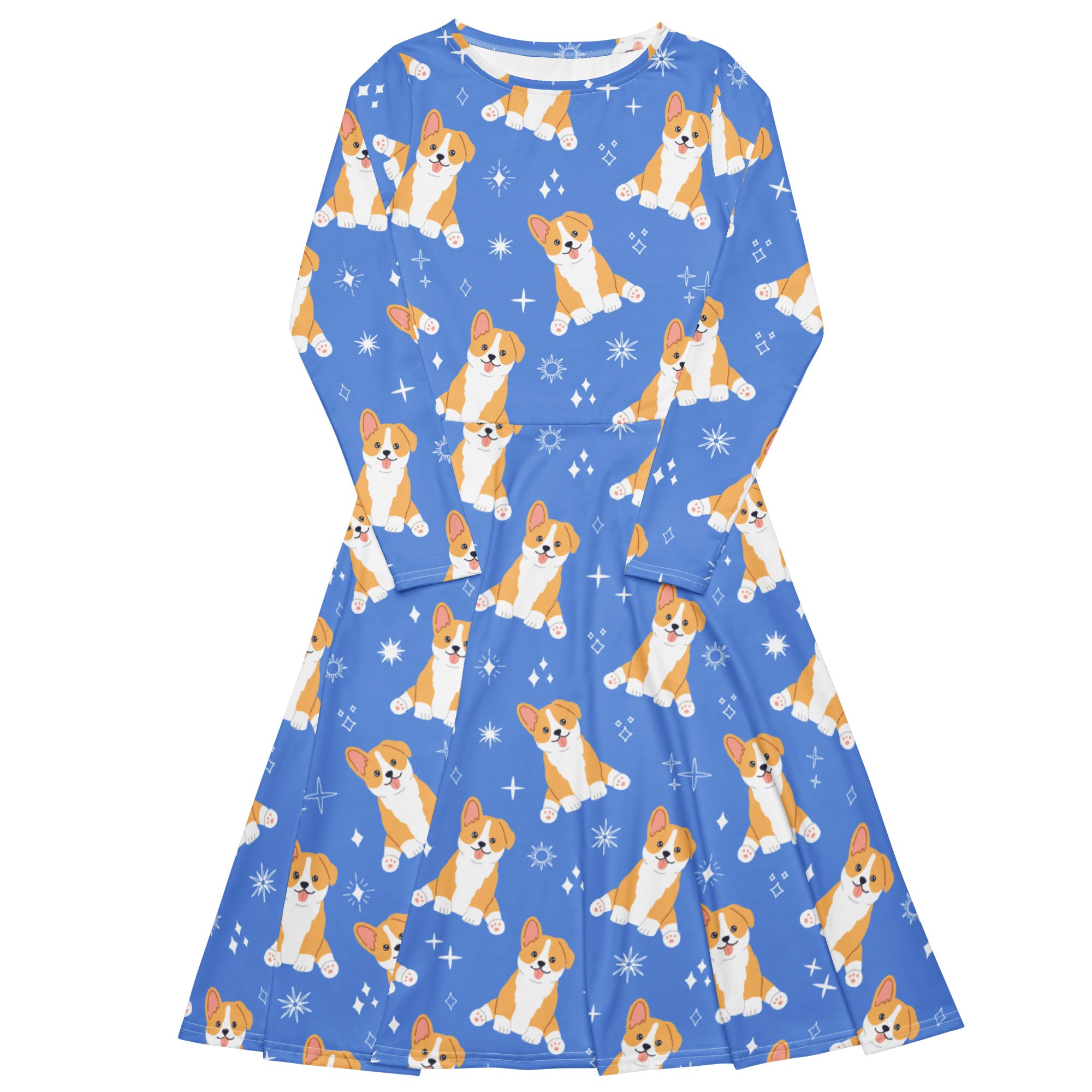 Women's Blue Corgi Dog Long Sleeve Midi Dress With Pockets